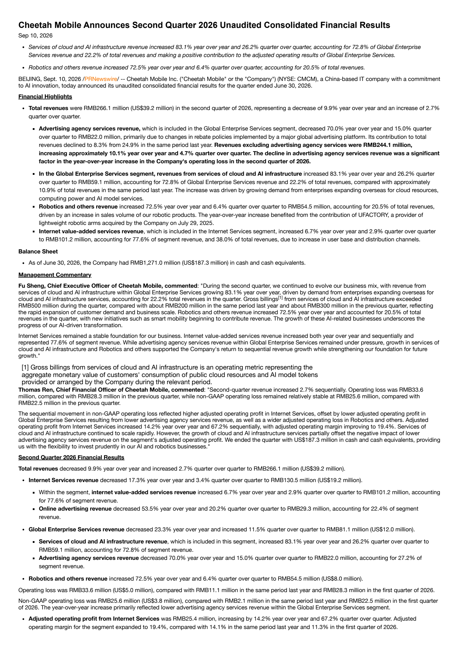 Cheetah Mobile's Q2 2026 Press Release