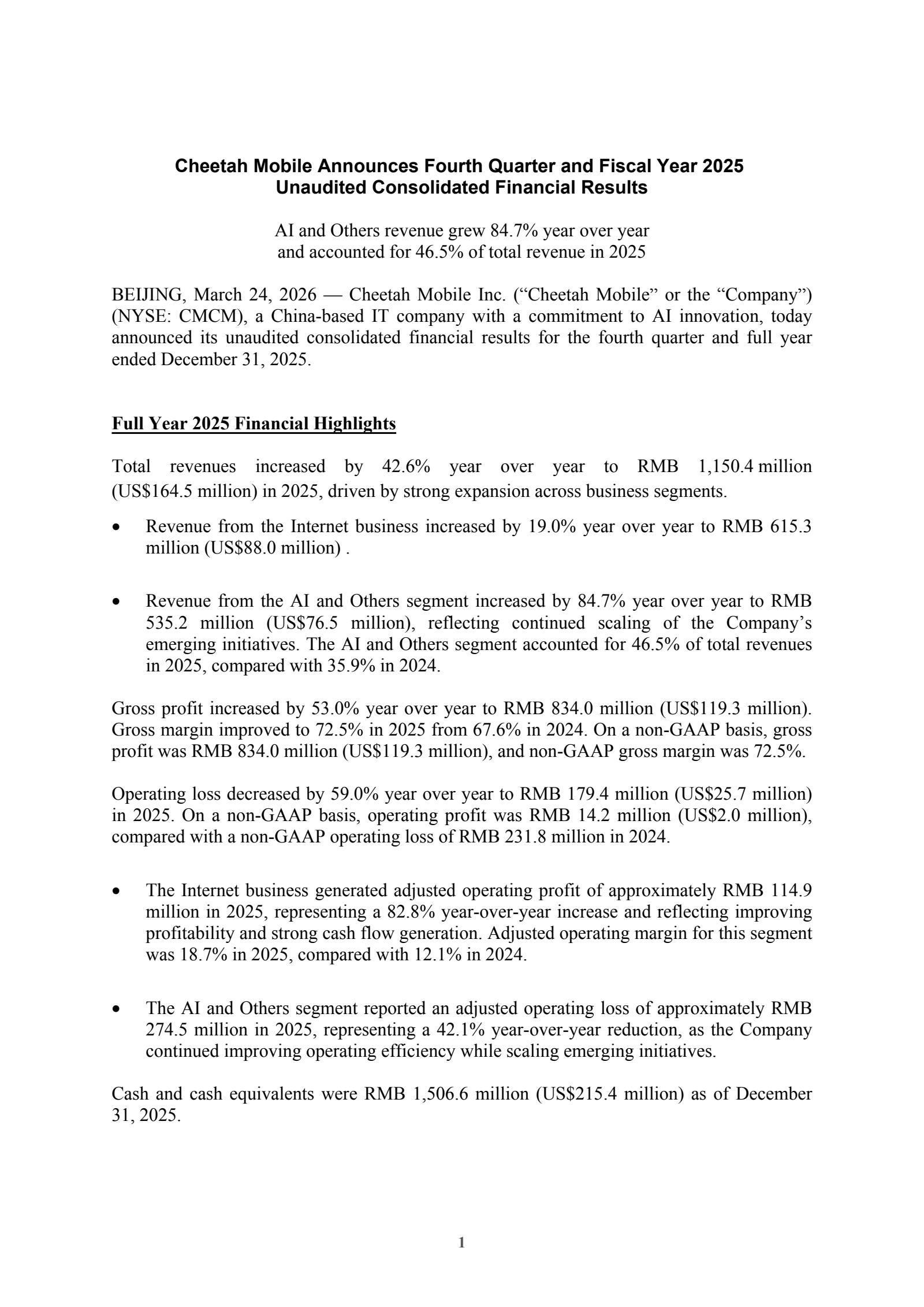 Cheetah Mobile's Q4 2025 Press Release