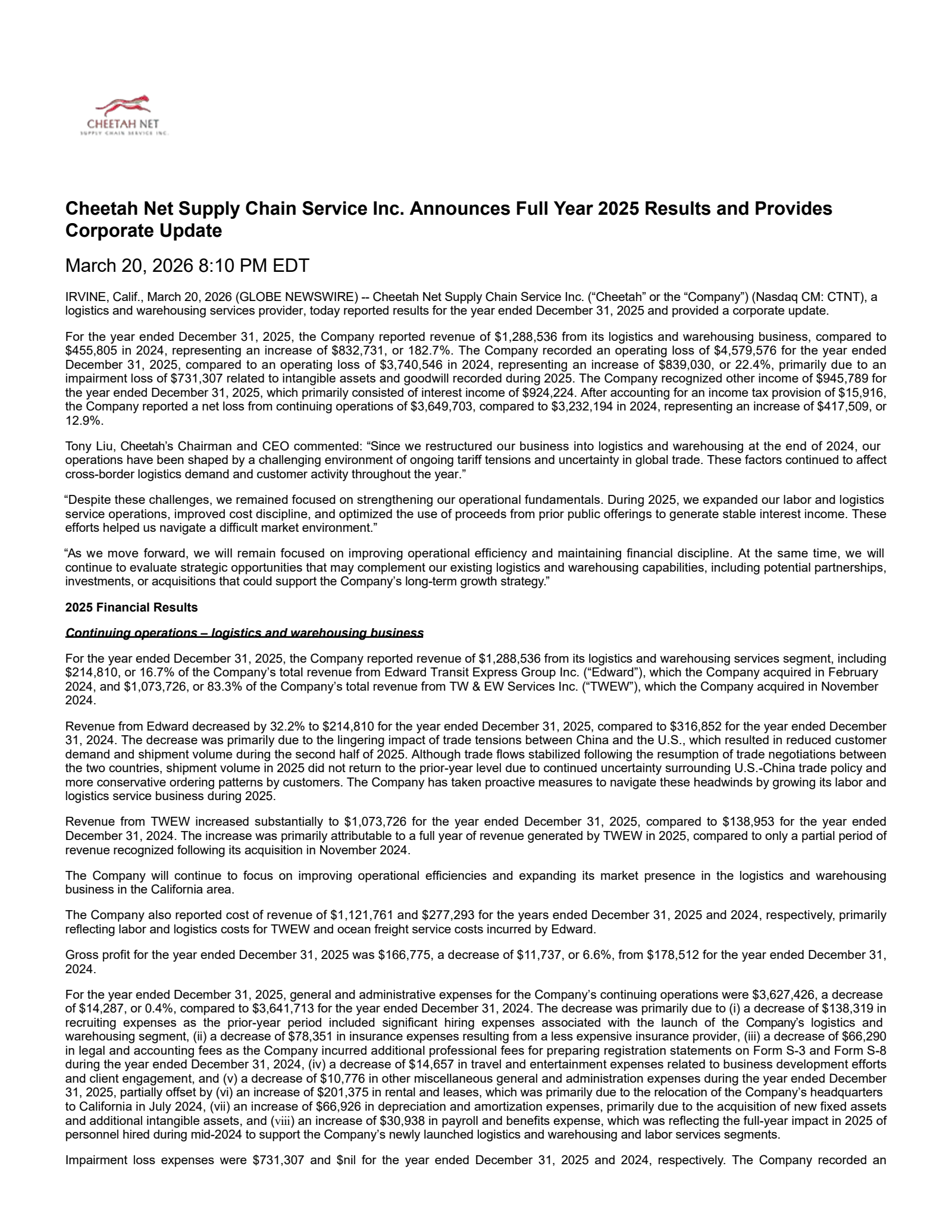 Cheetah Net Supply Chain Service's Q4 2025 Press Release