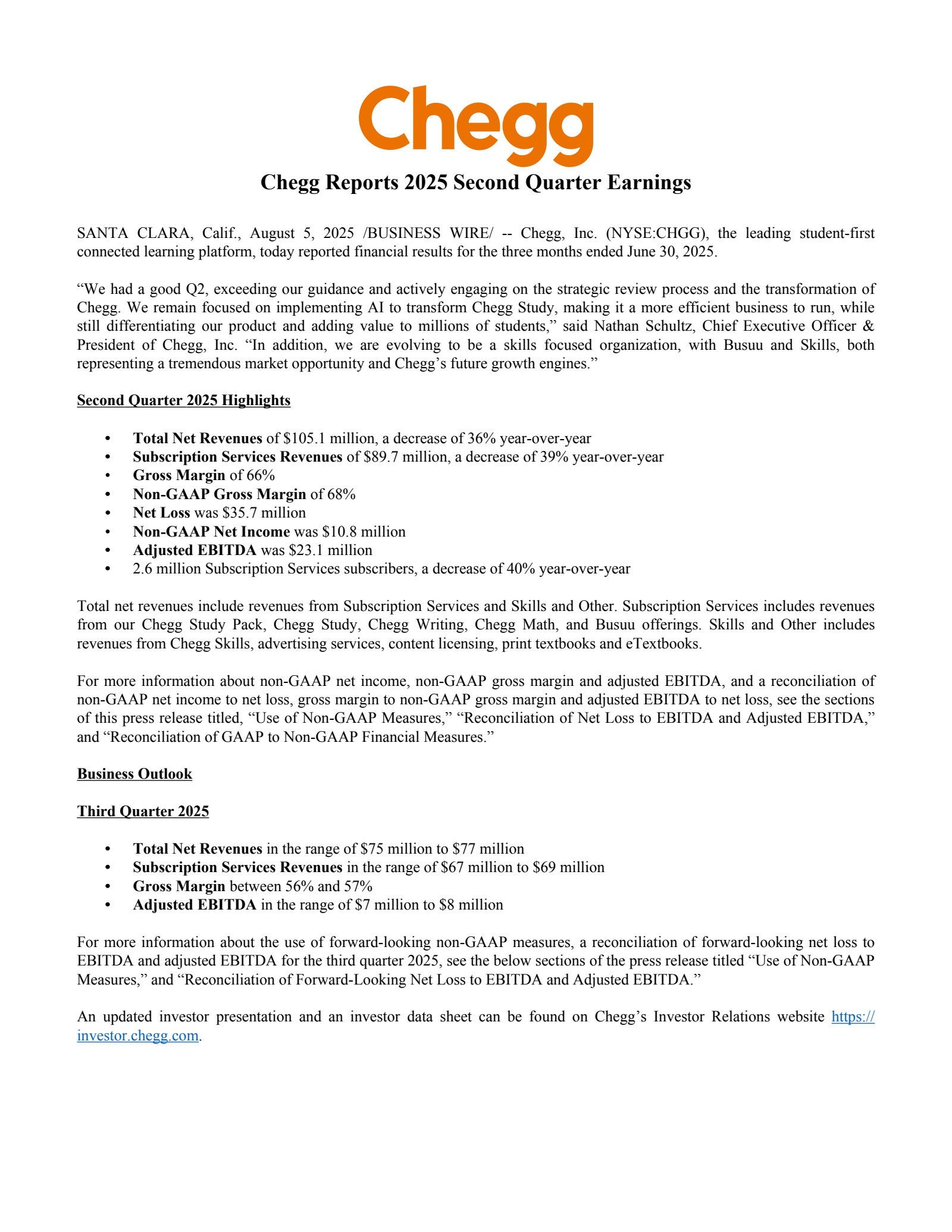 Chegg's Q2 2025 Press Release