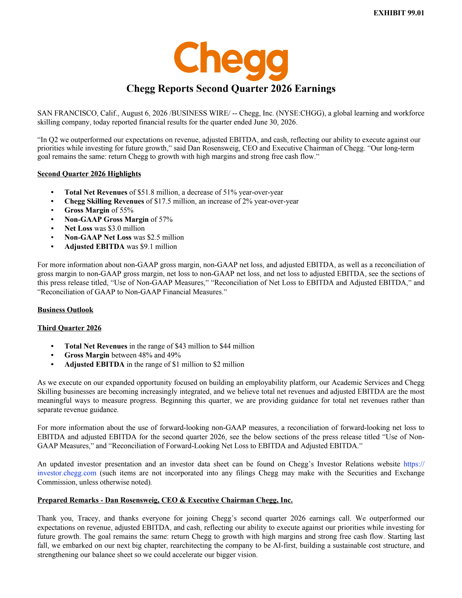 Chegg's Q2 2026 Press Release