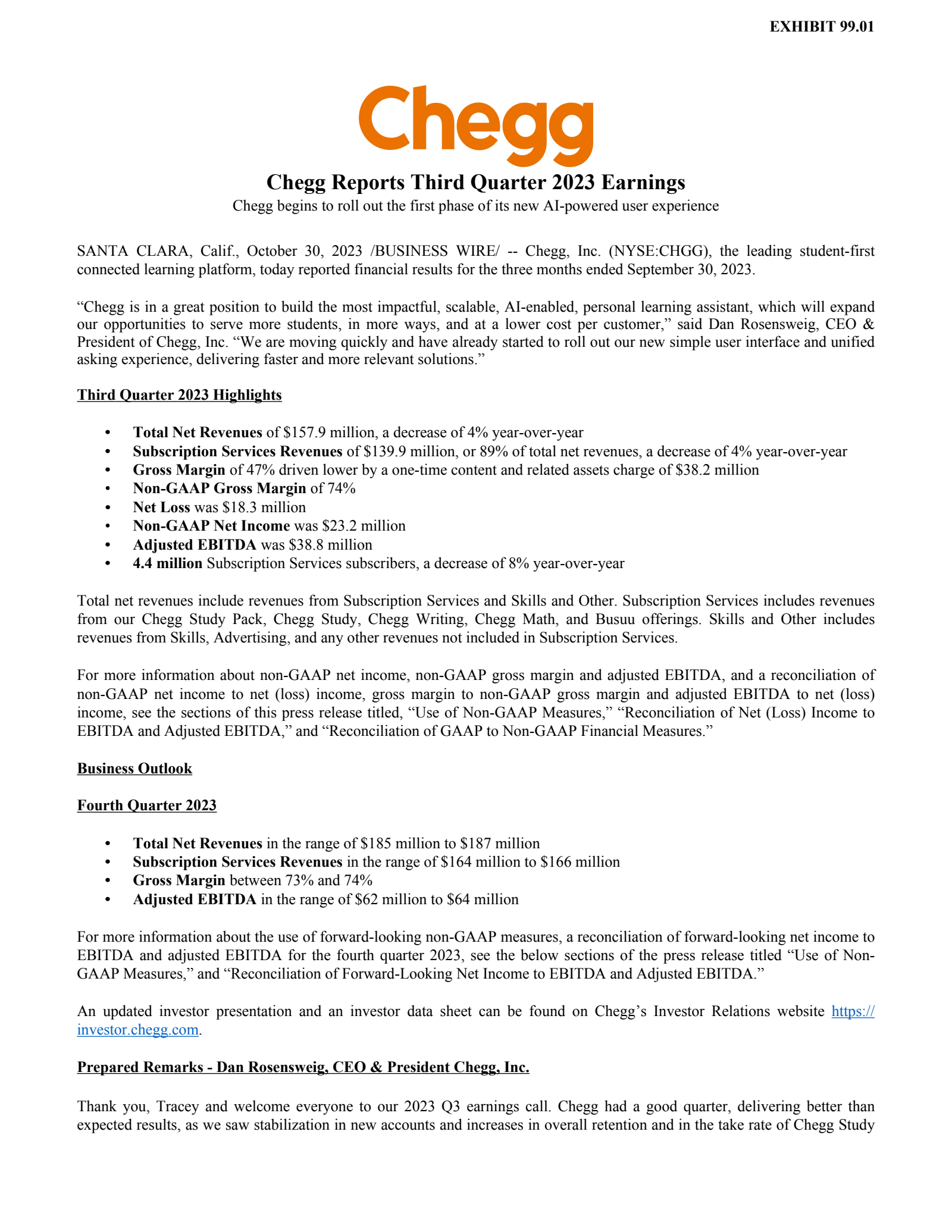Chegg's Q3 2023 Press Release