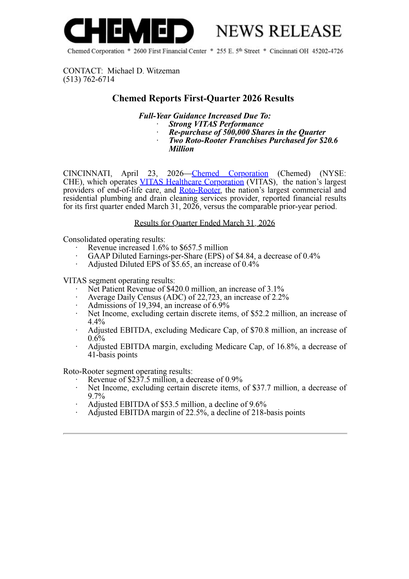 Chemed's Q1 2026 Press Release