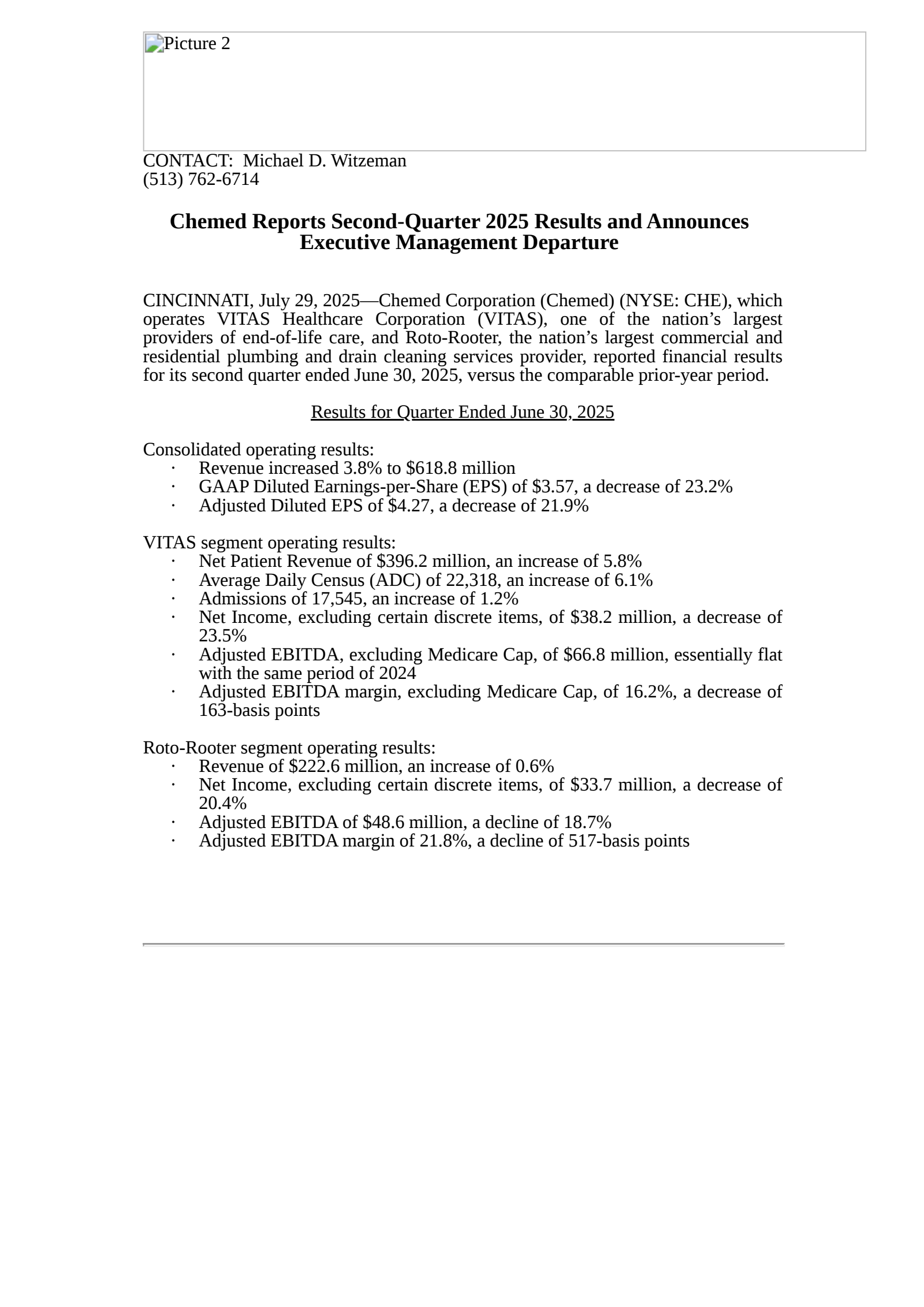 Chemed's Q2 2025 Press Release
