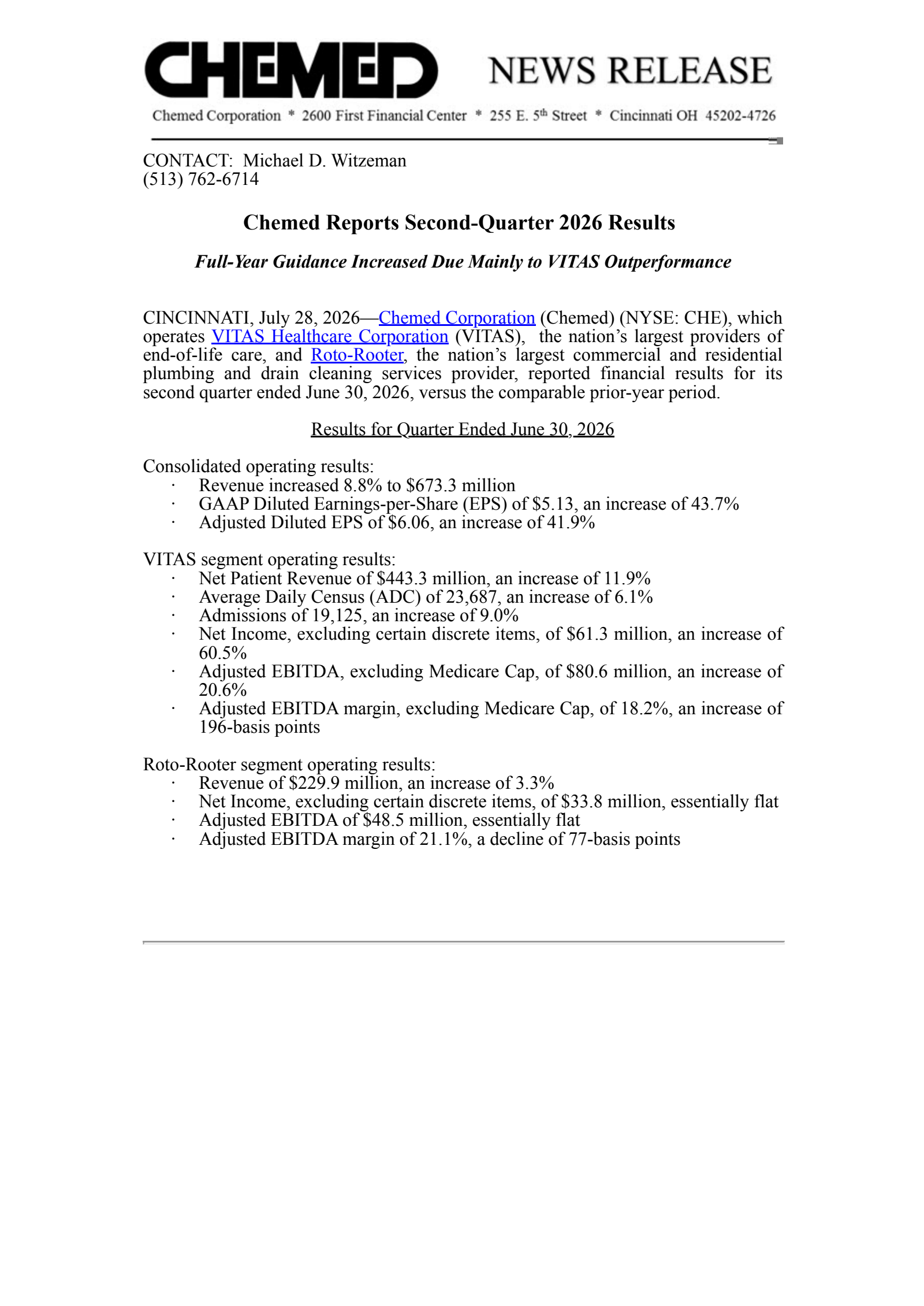 Chemed's Q2 2026 Press Release