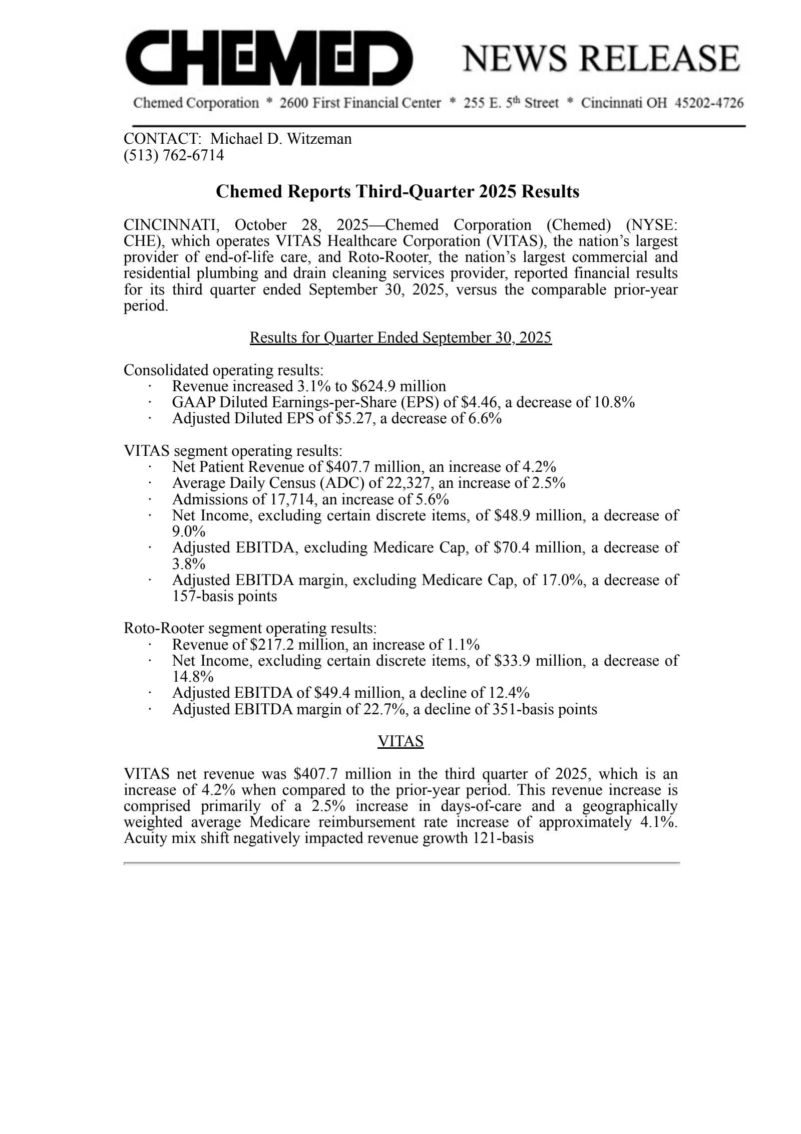 Chemed's Q3 2025 Earnings Release
