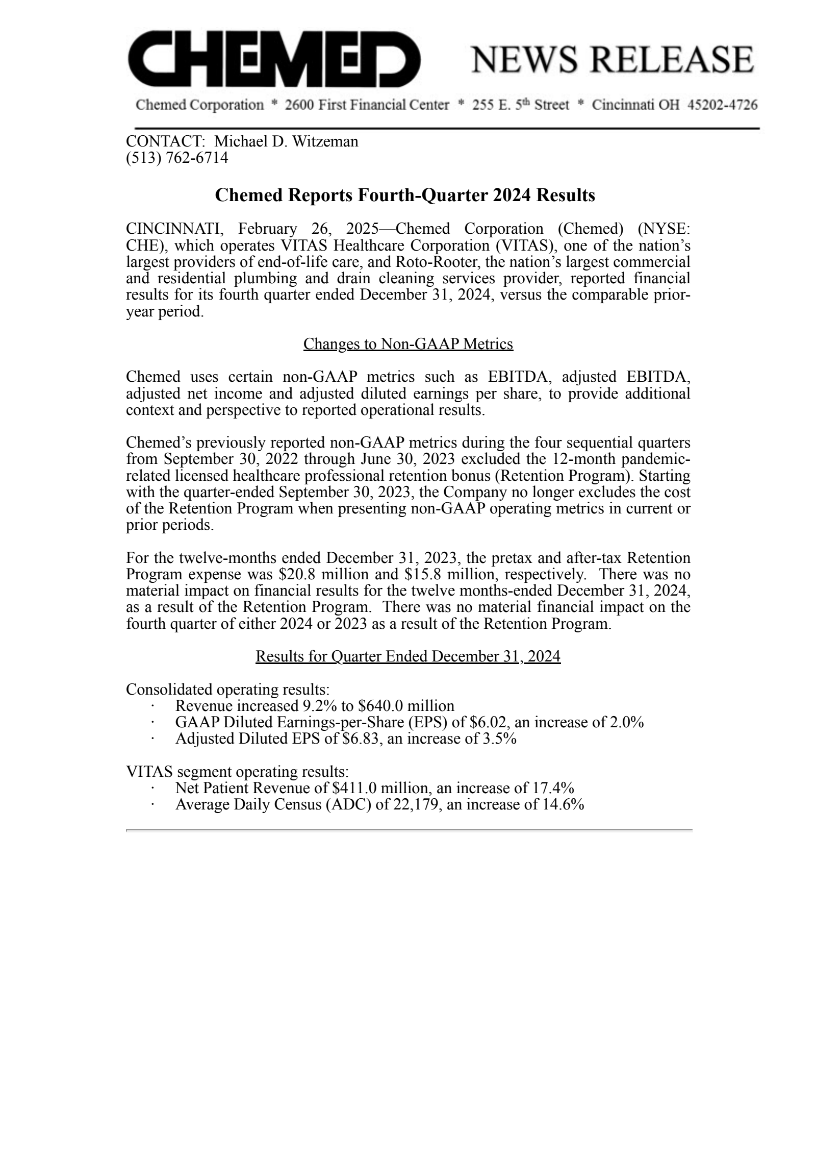 Chemed's Q4 2024 Press Release