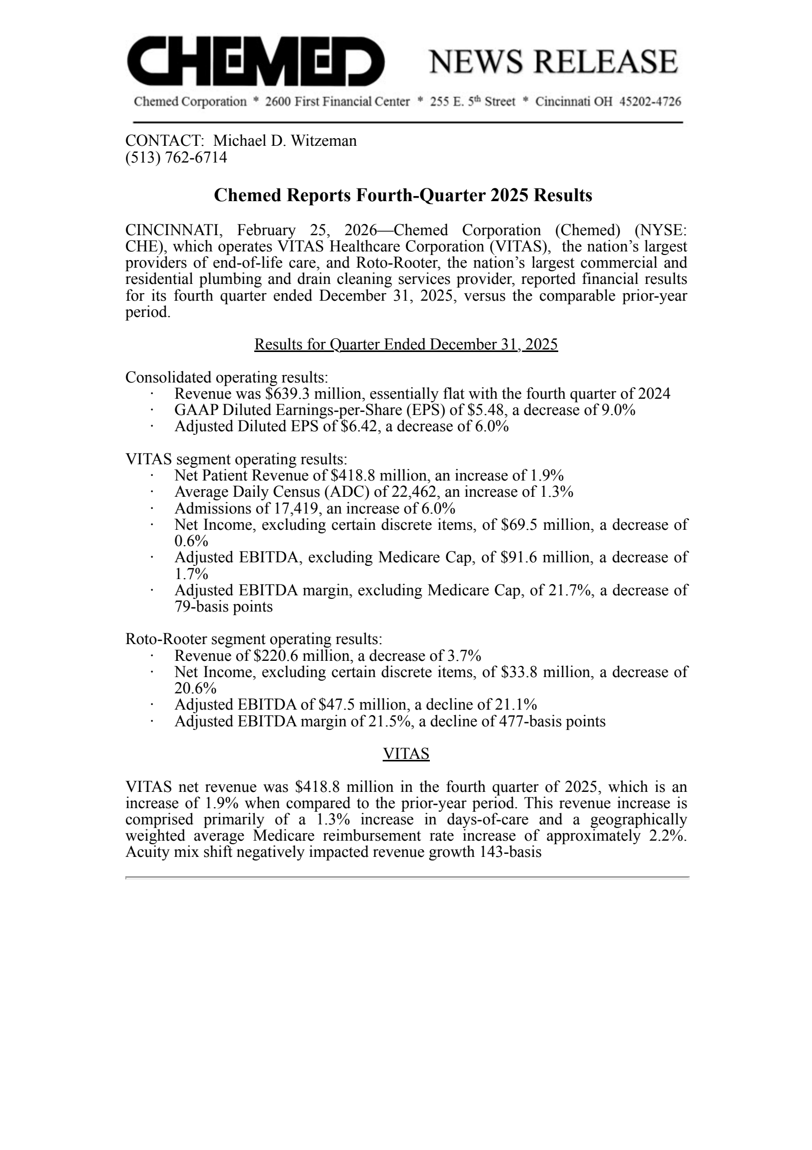 Chemed's Q4 2025 Press Release