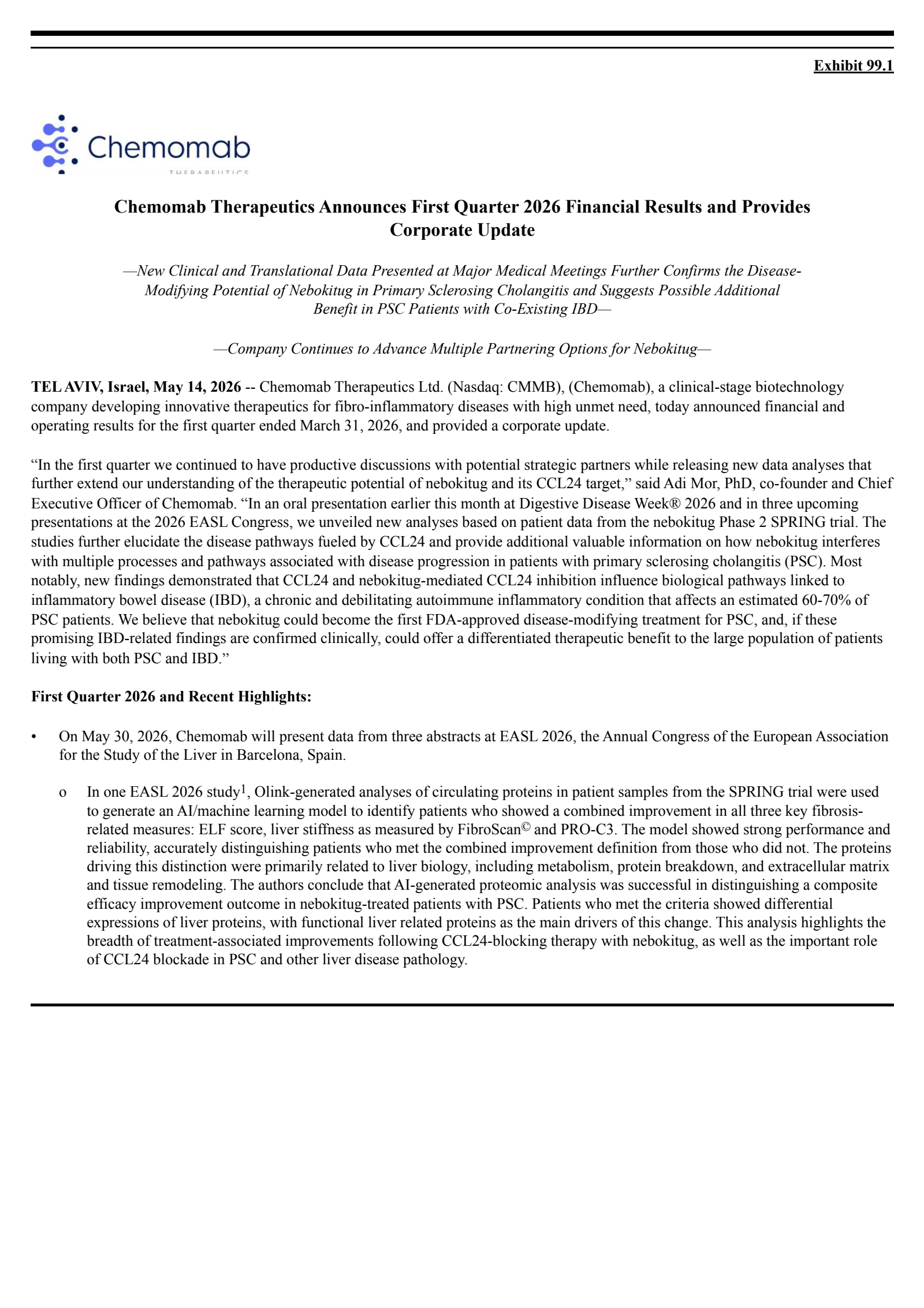 Chemomab Therapeutics' Q1 2026 Press Release
