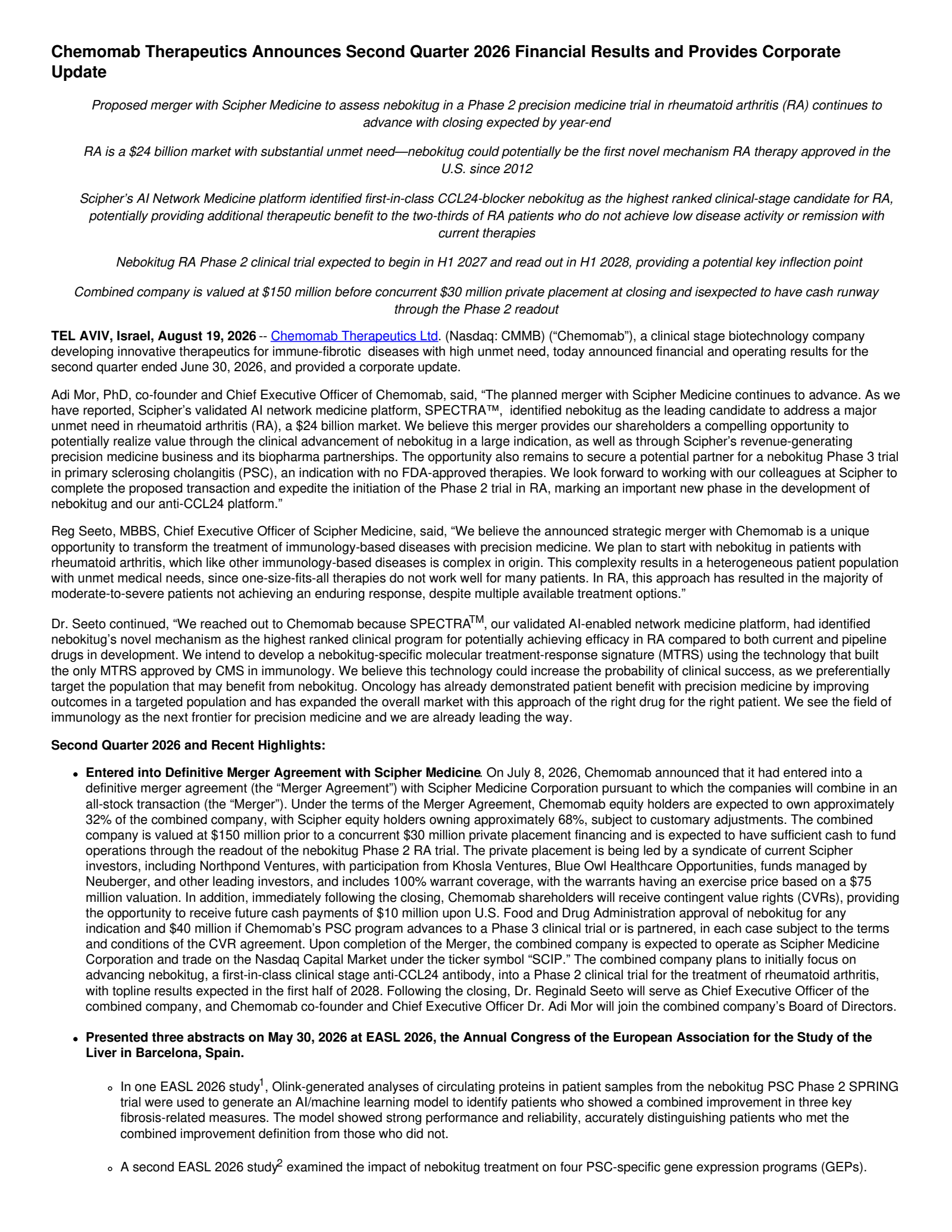 Chemomab Therapeutics' Q2 2026 Press Release