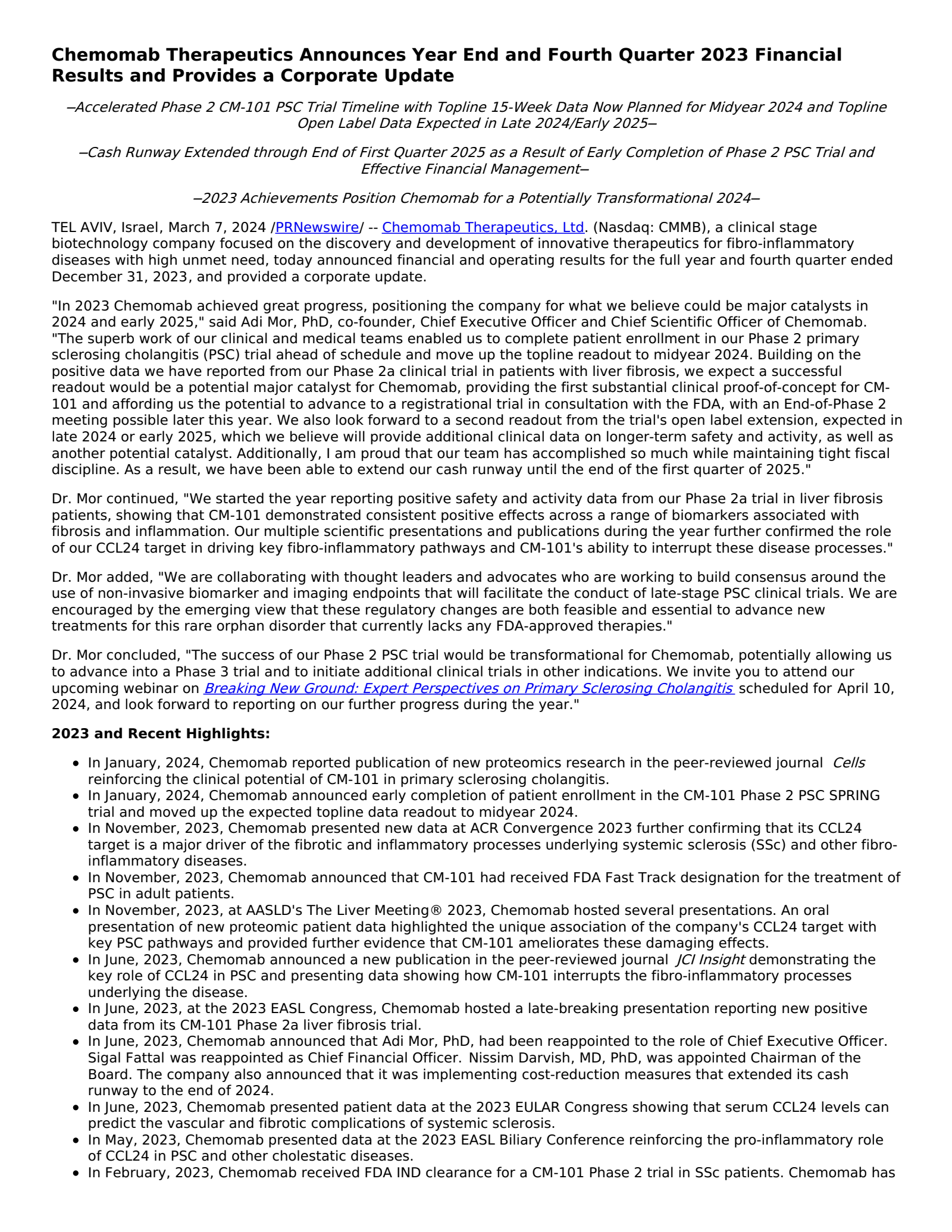 Chemomab Therapeutics' Q4 2023 Press Release
