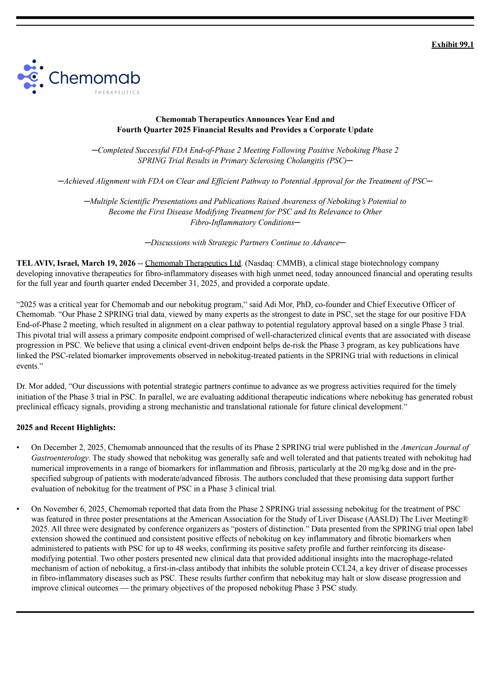 Chemomab Therapeutics' Q4 2025 Press Release