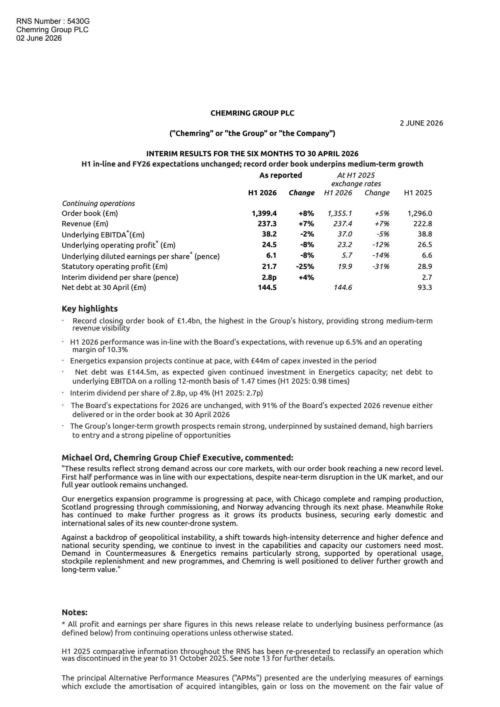 Chemring Group's H1 2026 Interim report