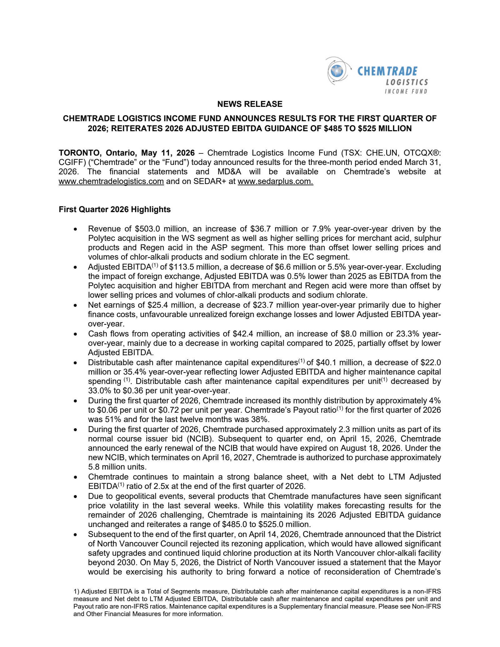 Chemtrade Logistics Income Fund's Q1 2026 Press Release