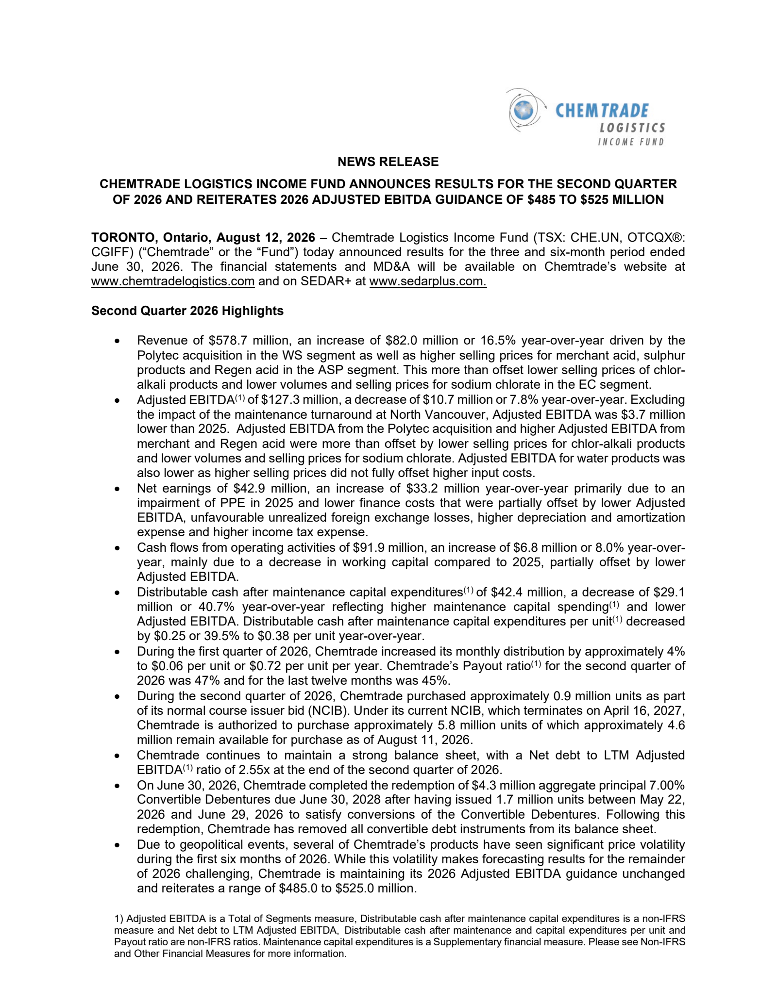 Chemtrade Logistics Income Fund's Q2 2026 Press Release
