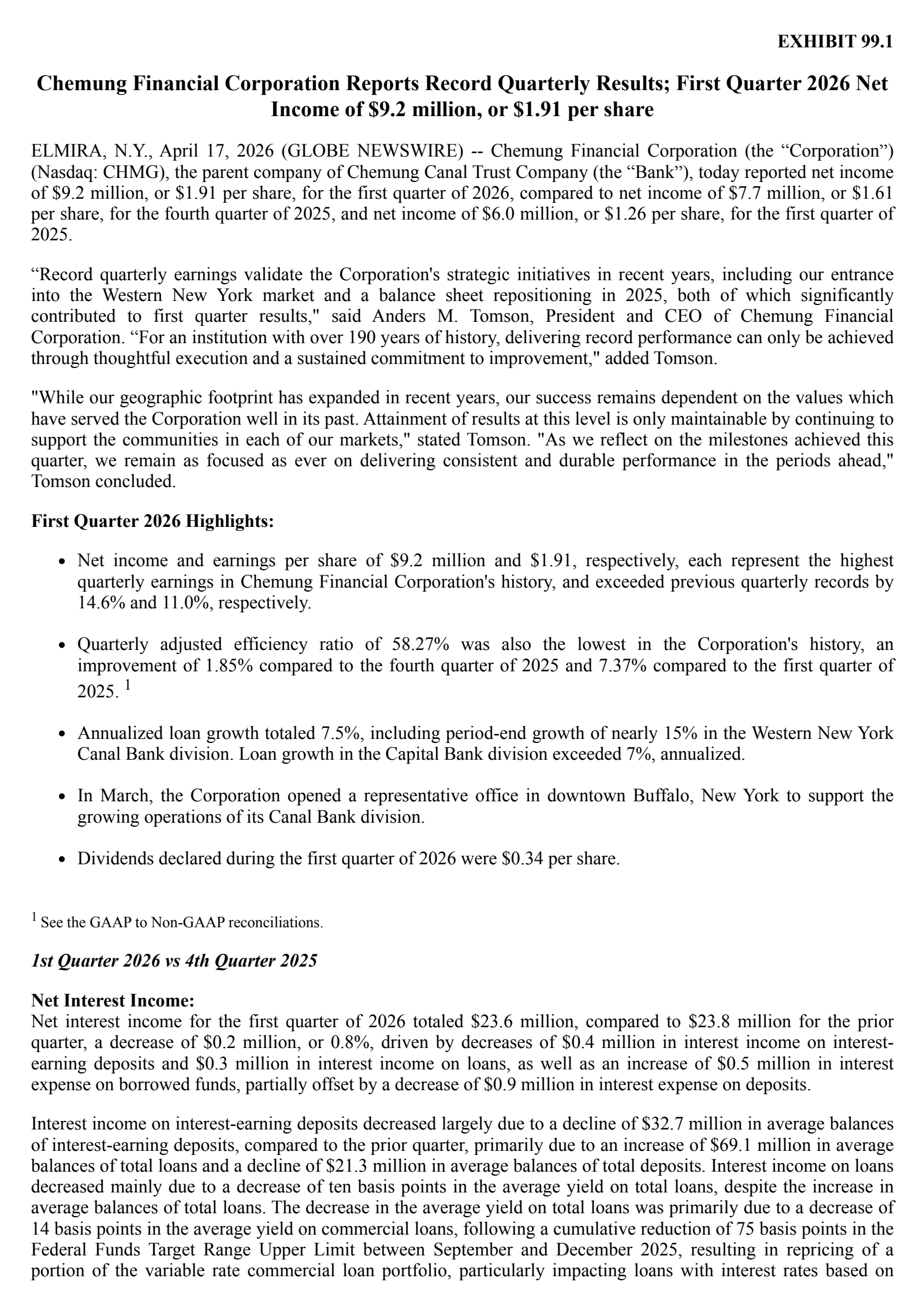 Chemung Financial's Q1 2026 Press Release