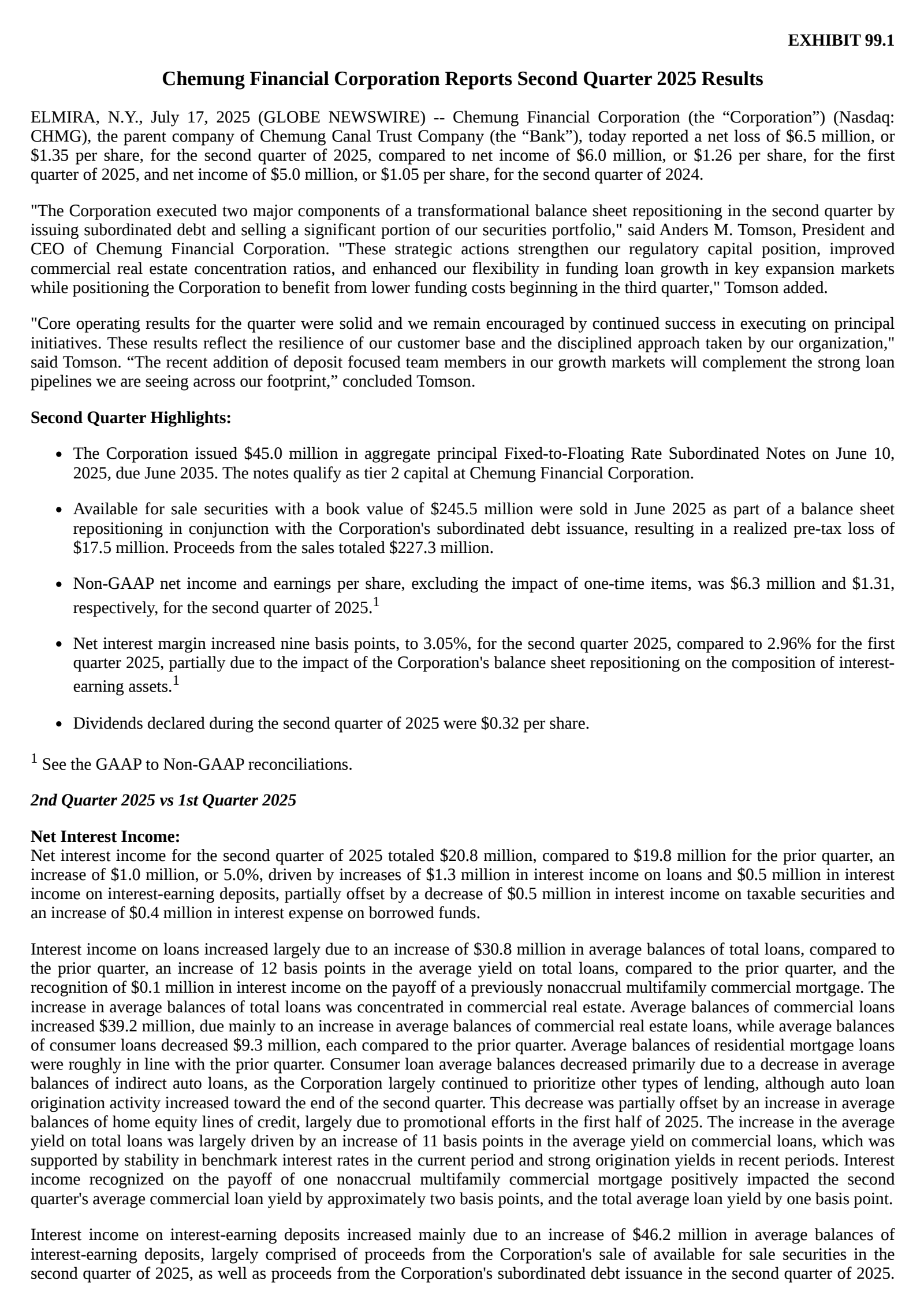 Chemung Financial's Q2 2025 Press Release