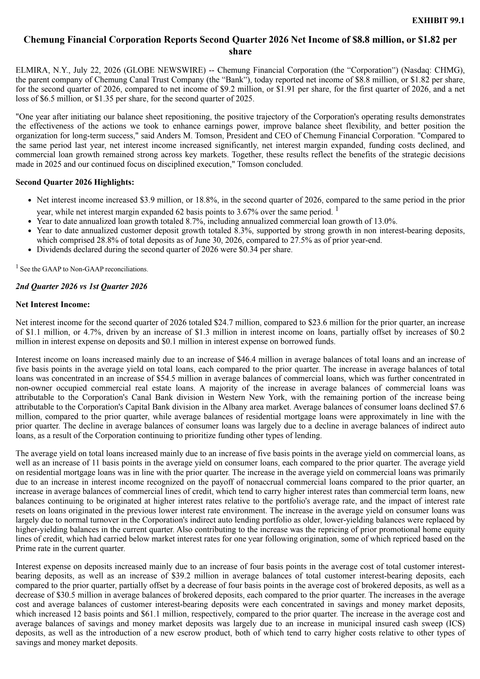 Chemung Financial's Q2 2026 Press Release
