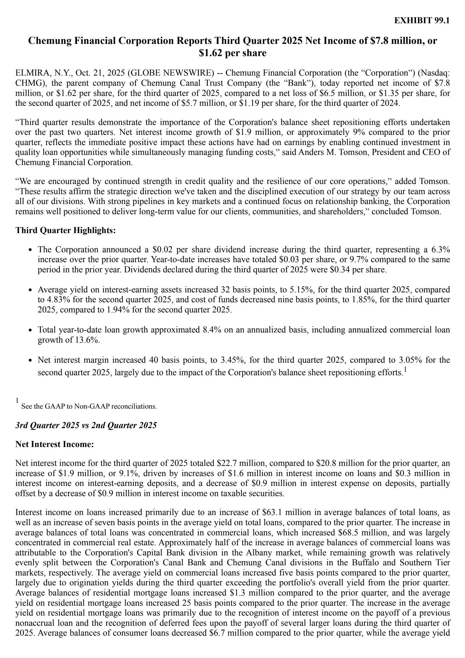Chemung Financial's Q3 2025 Earnings Release