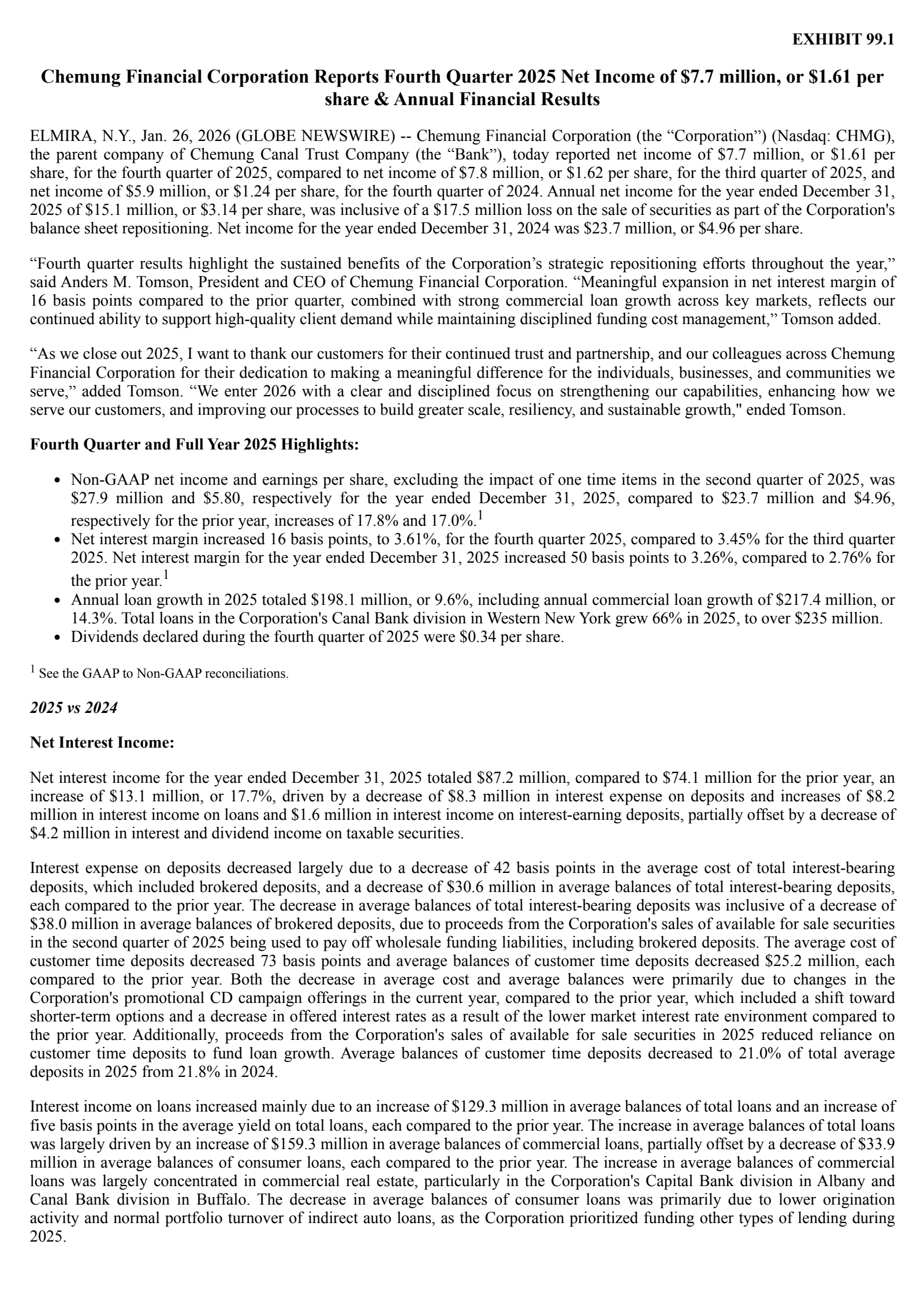 Chemung Financial's Q4 2025 Press Release