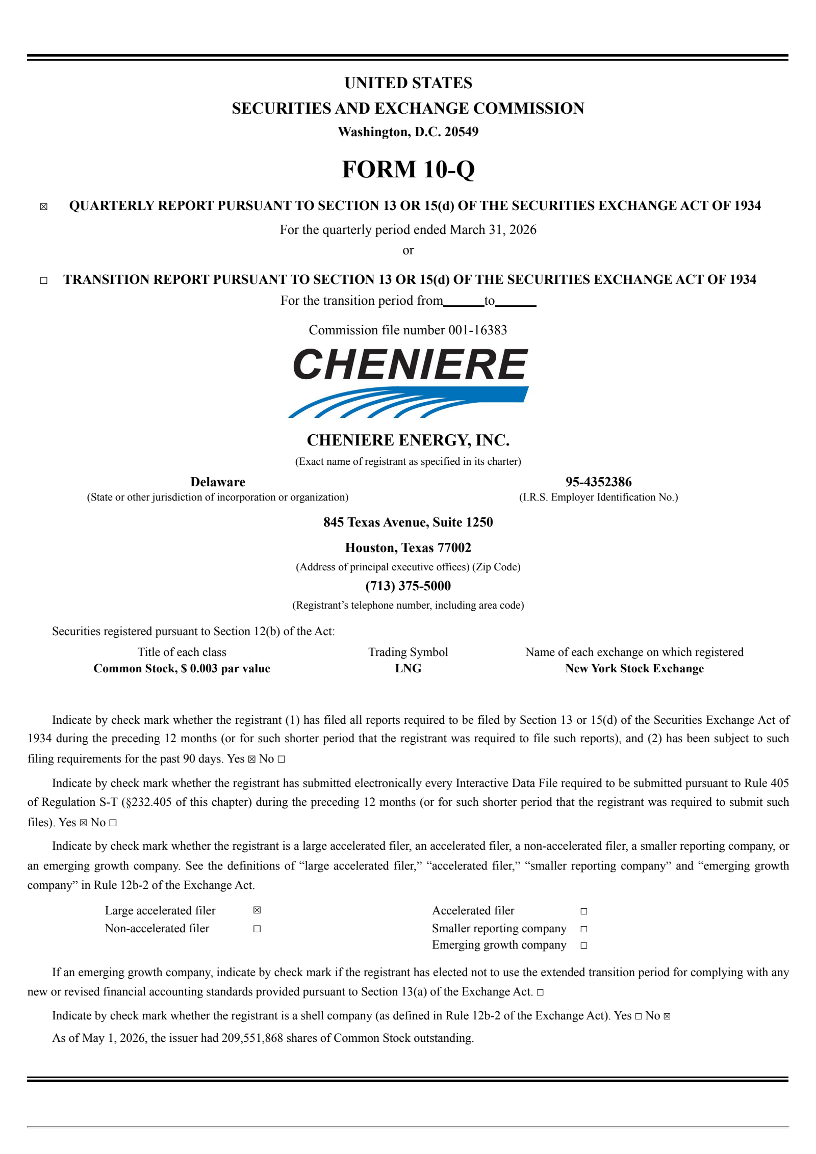 Cheniere Energy's Q1 2026 Quarterly report