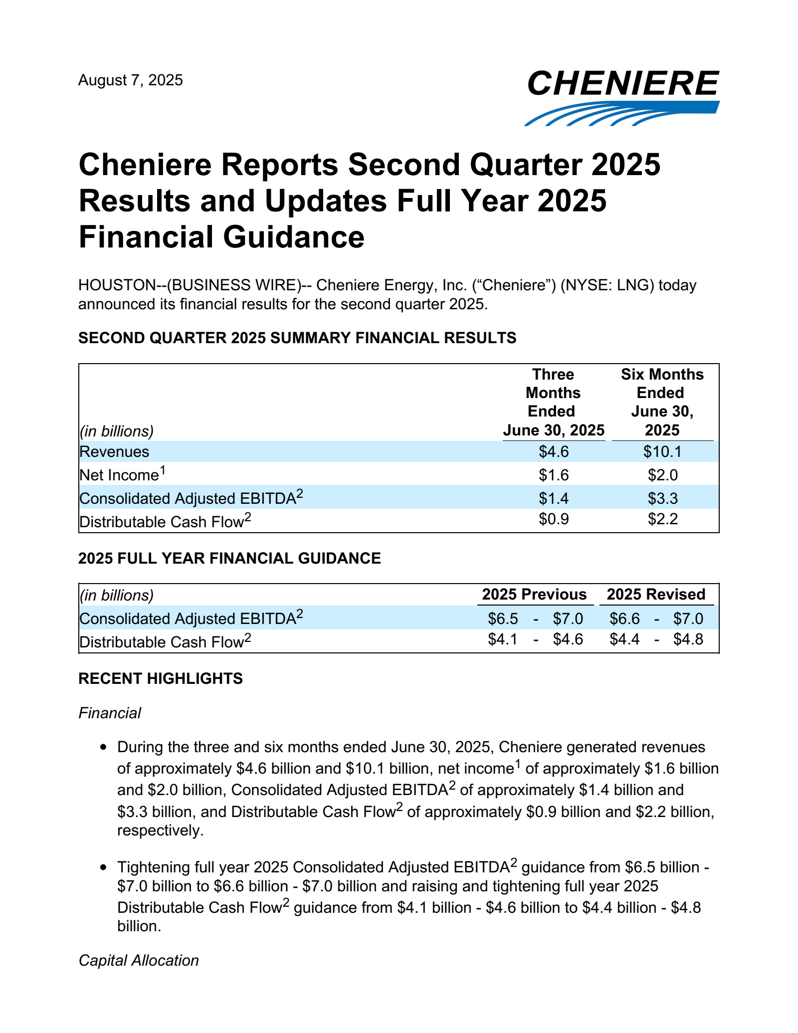 Cheniere Energy's Q2 2025 Press Release