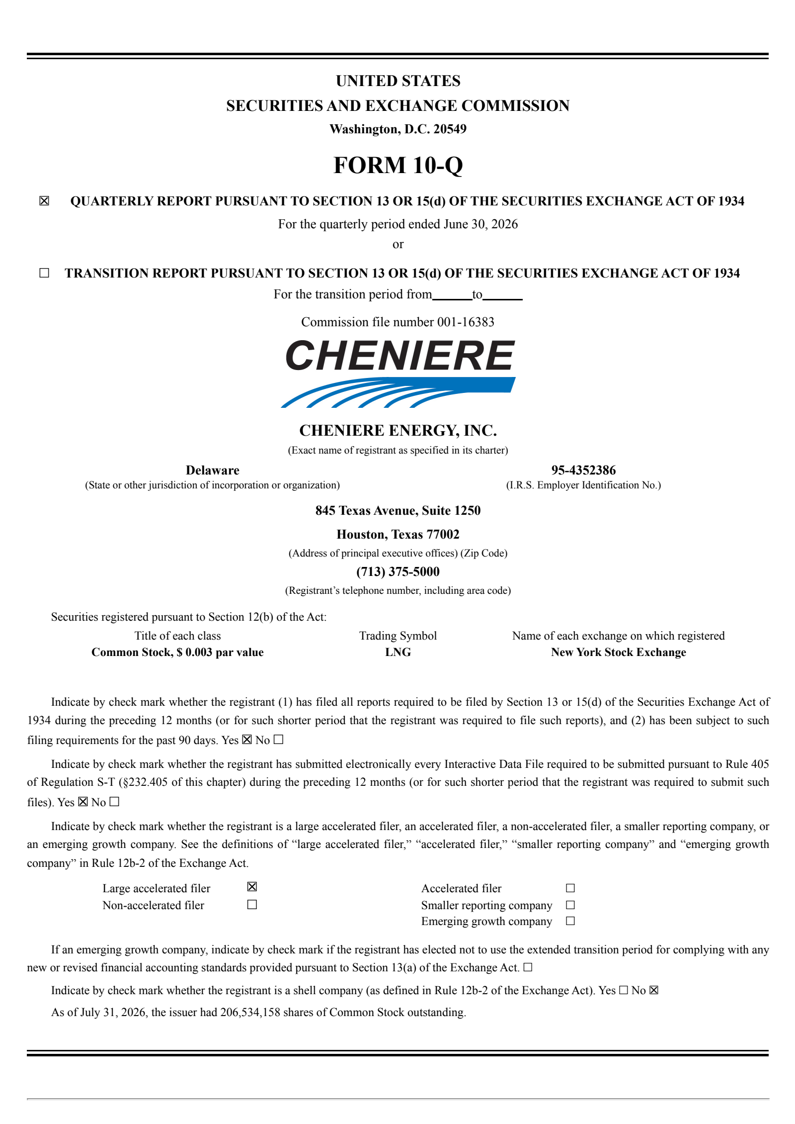 Cheniere Energy's Q2 2026 Quarterly report