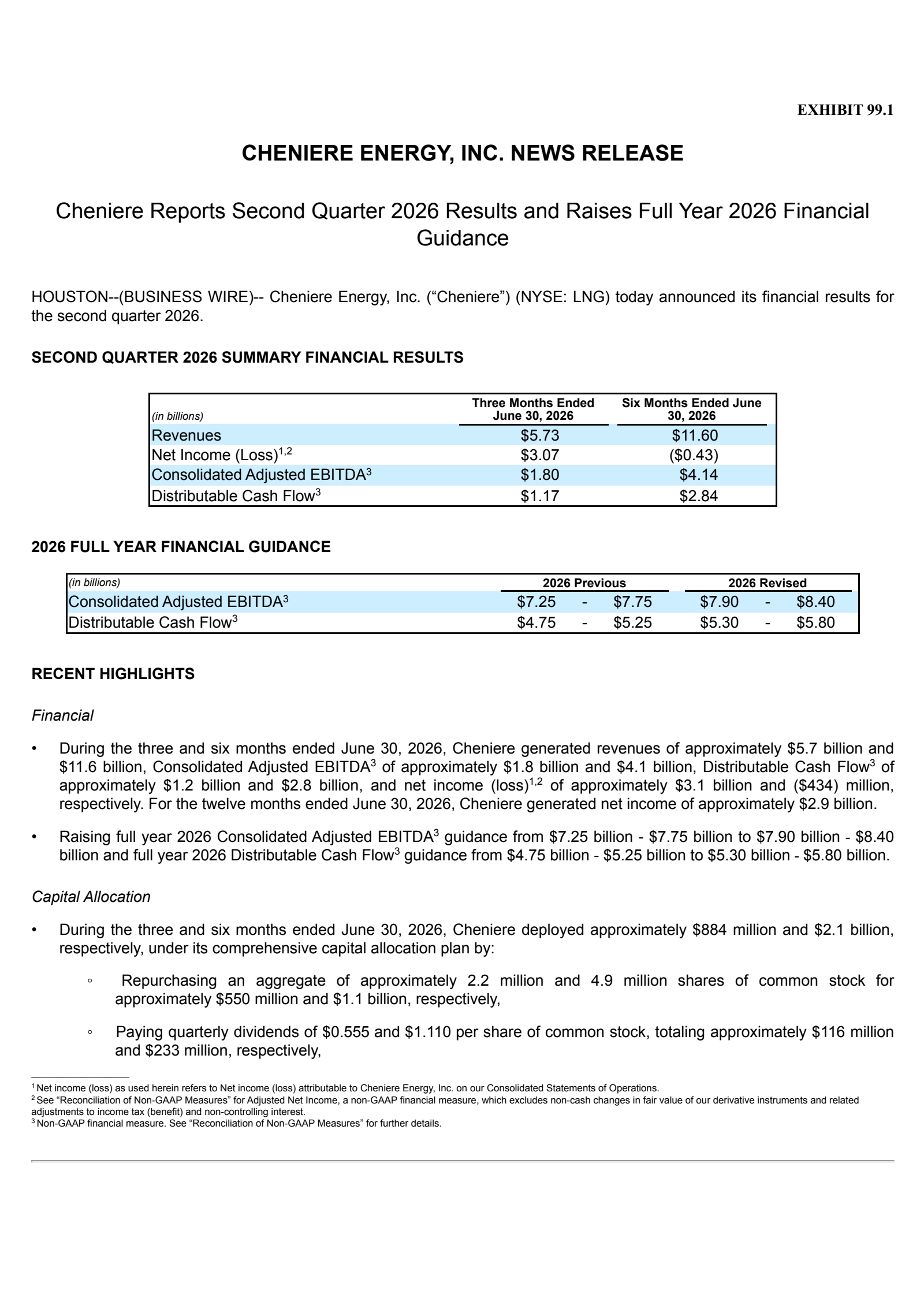 Cheniere Energy's Q2 2026 Press Release