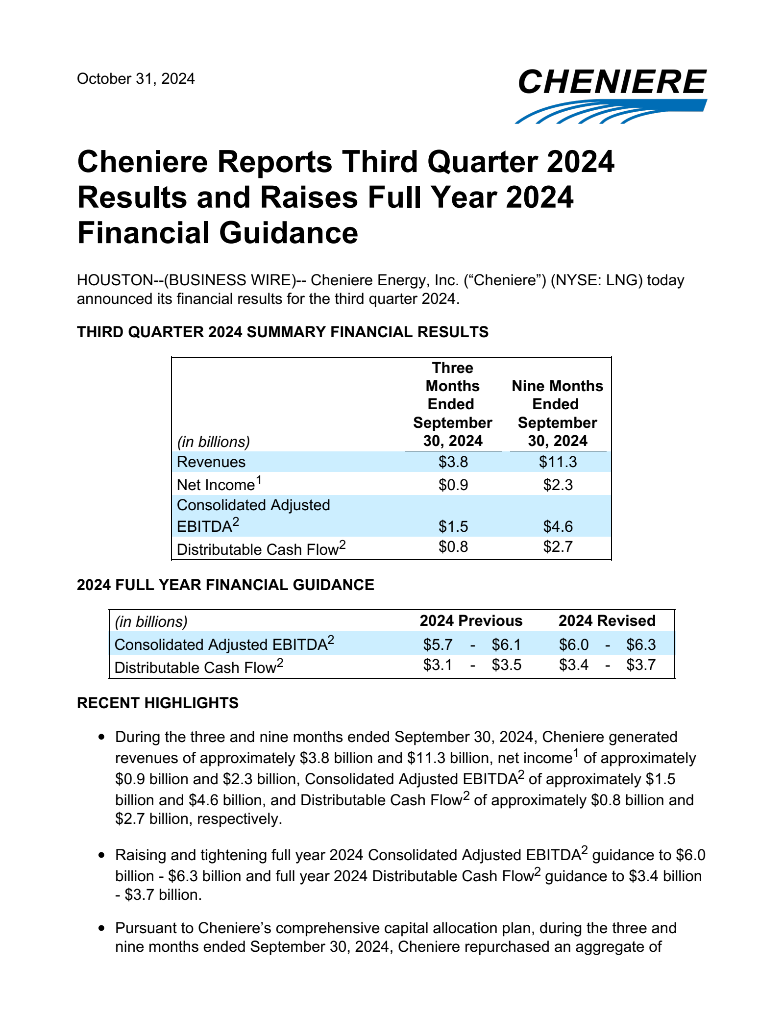 Cheniere Energy's Q3 2024 Press Release