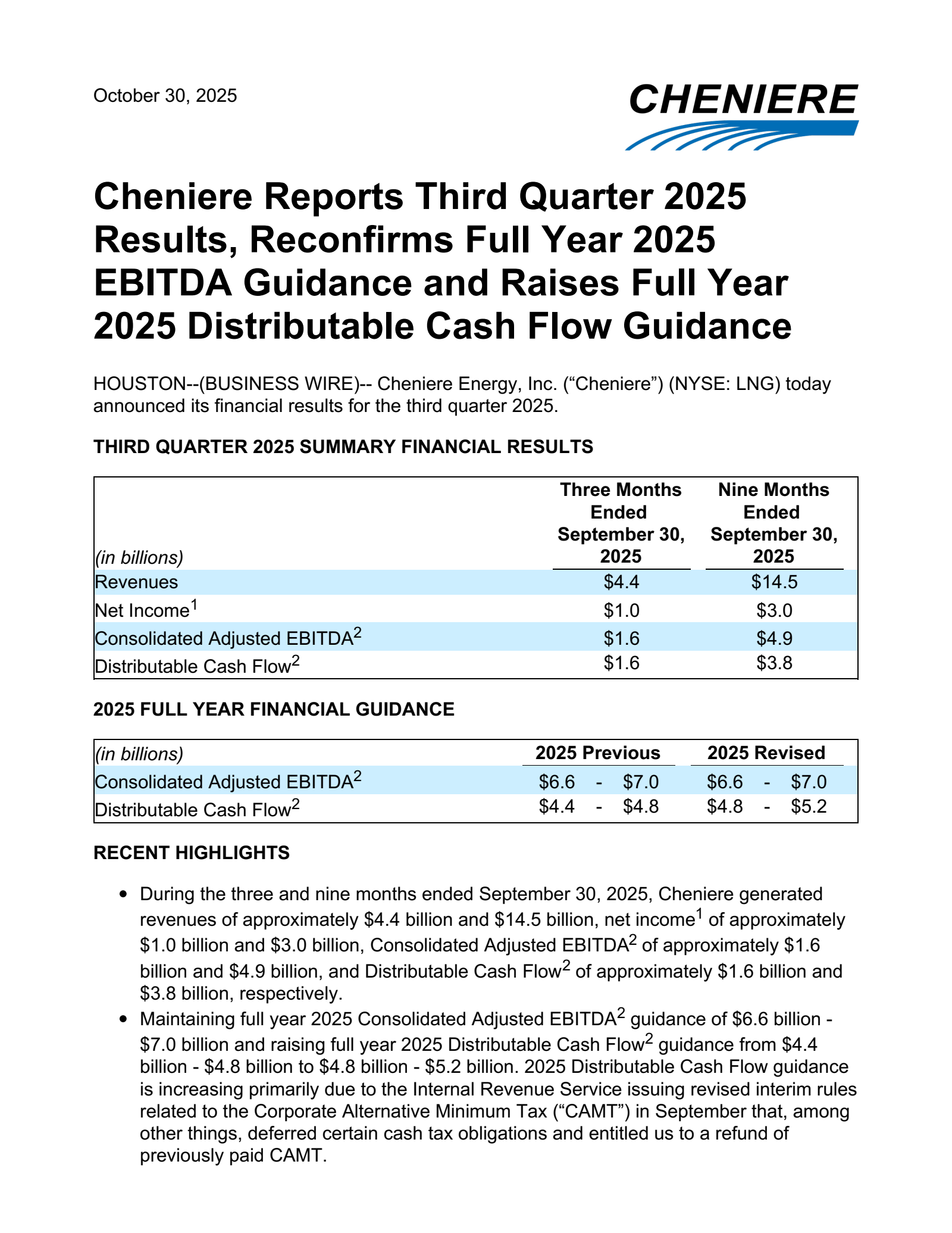 Cheniere Energy's Q3 2025 Press Release