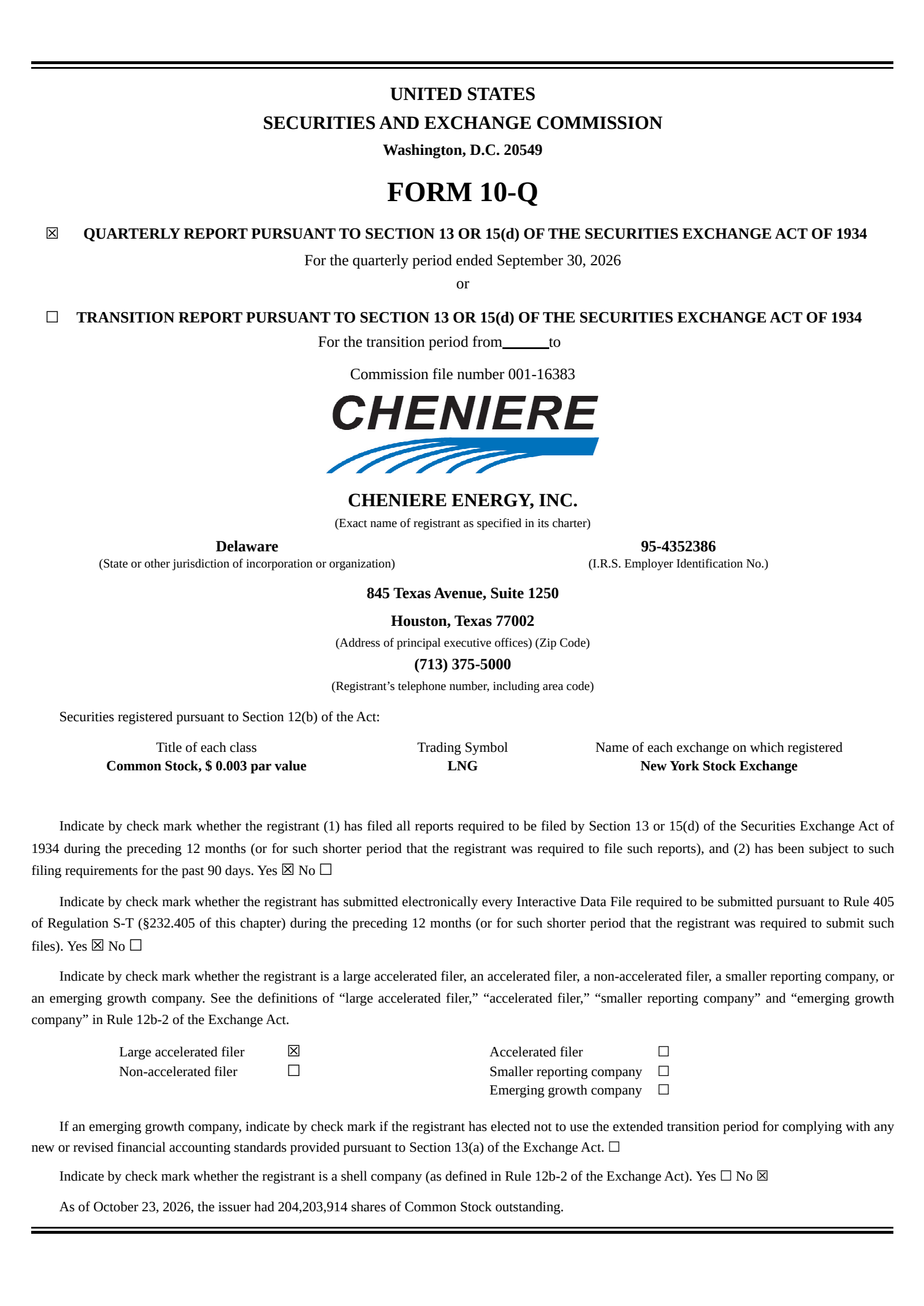 Cheniere Energy's Q3 2026 Quarterly report