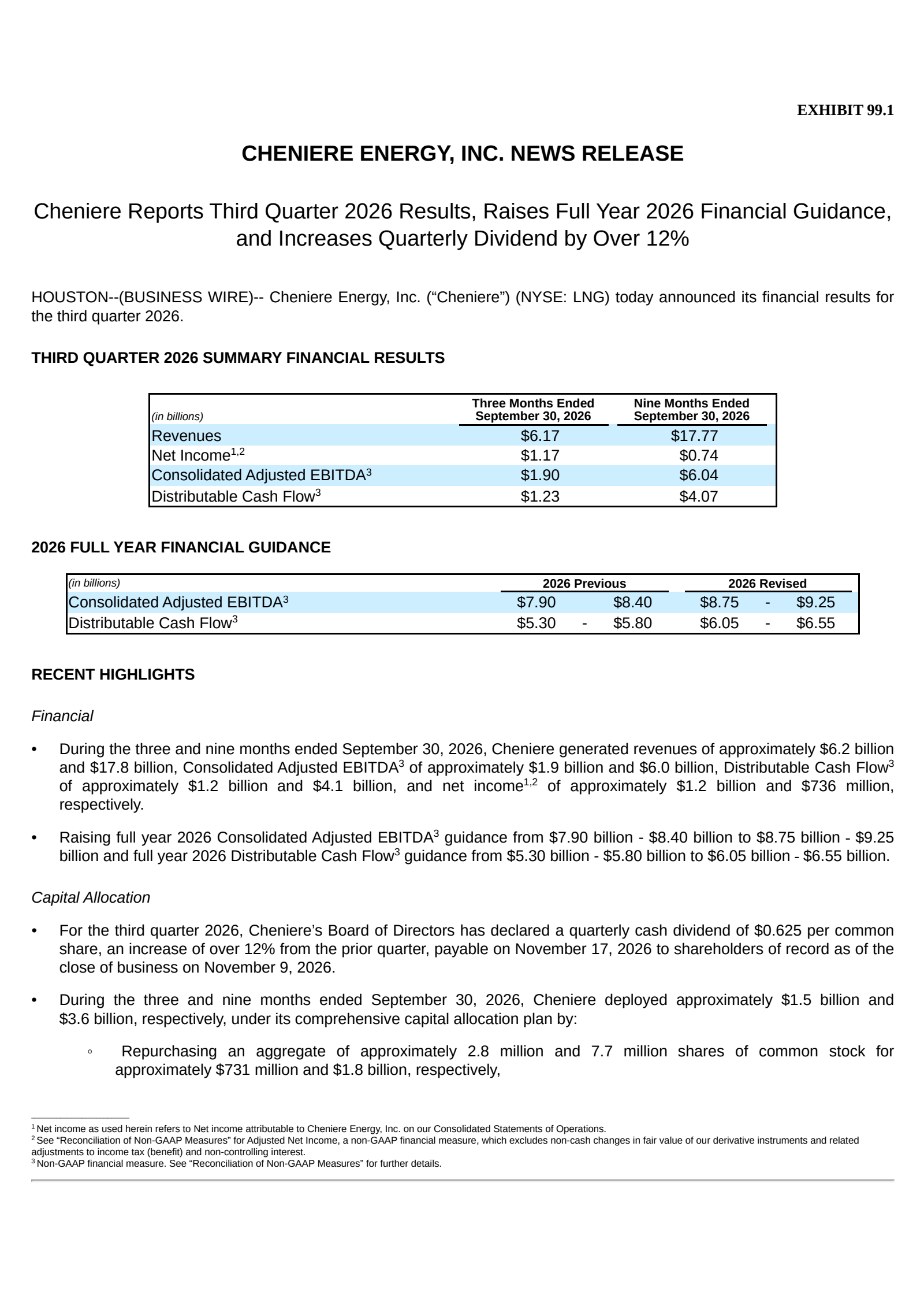Cheniere Energy's Q3 2026 Press Release