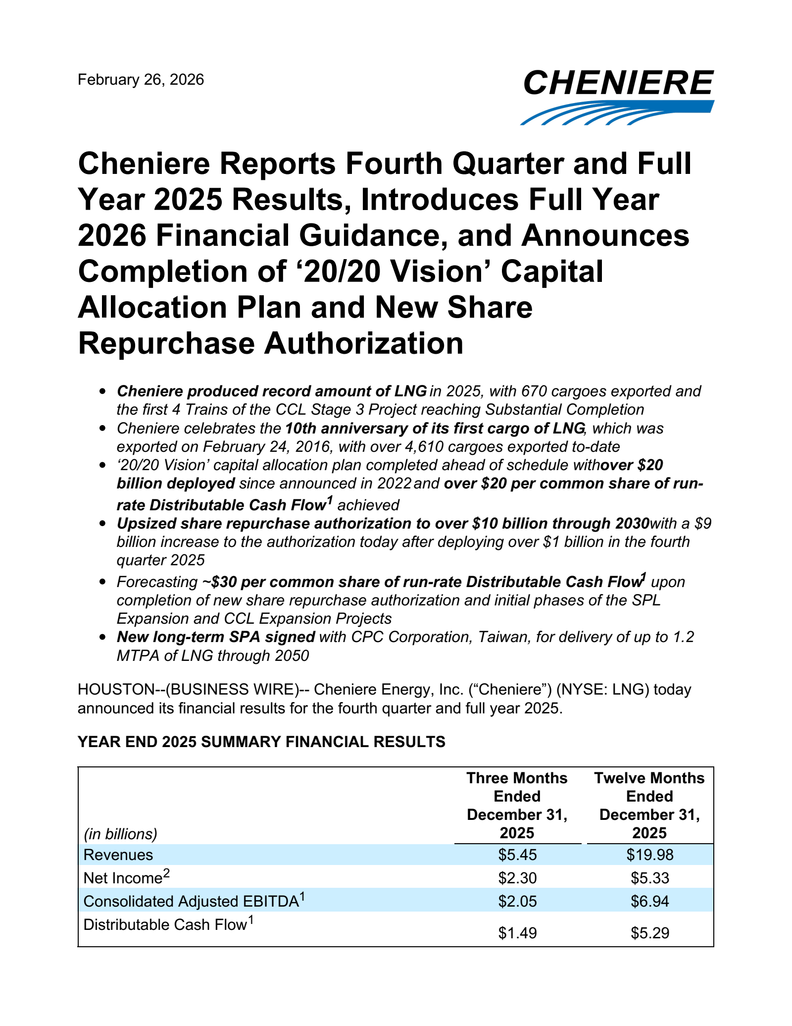 Cheniere Energy's Q4 2025 Press Release