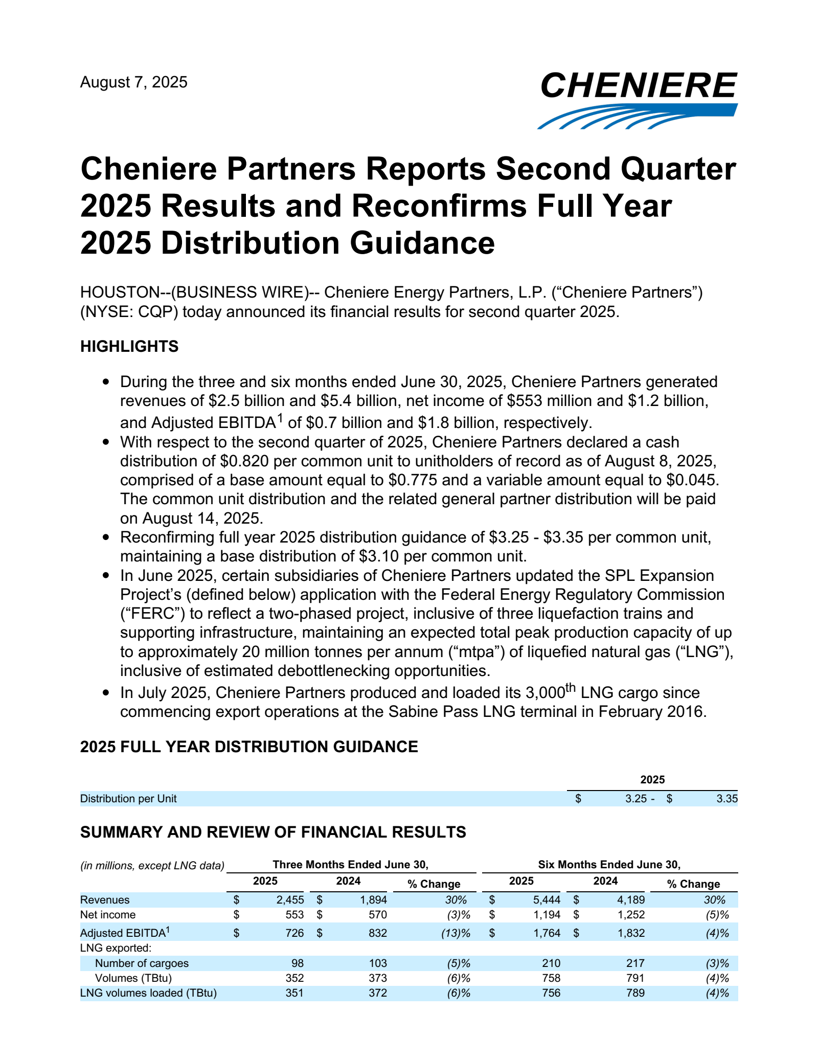 Cheniere Energy Partners' Q2 2025 Press Release