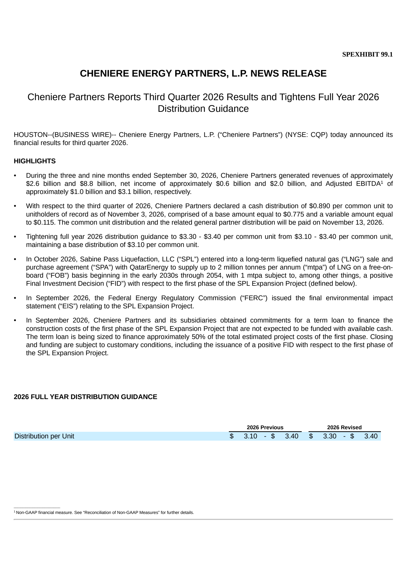 Cheniere Energy Partners' Q3 2026 Press Release