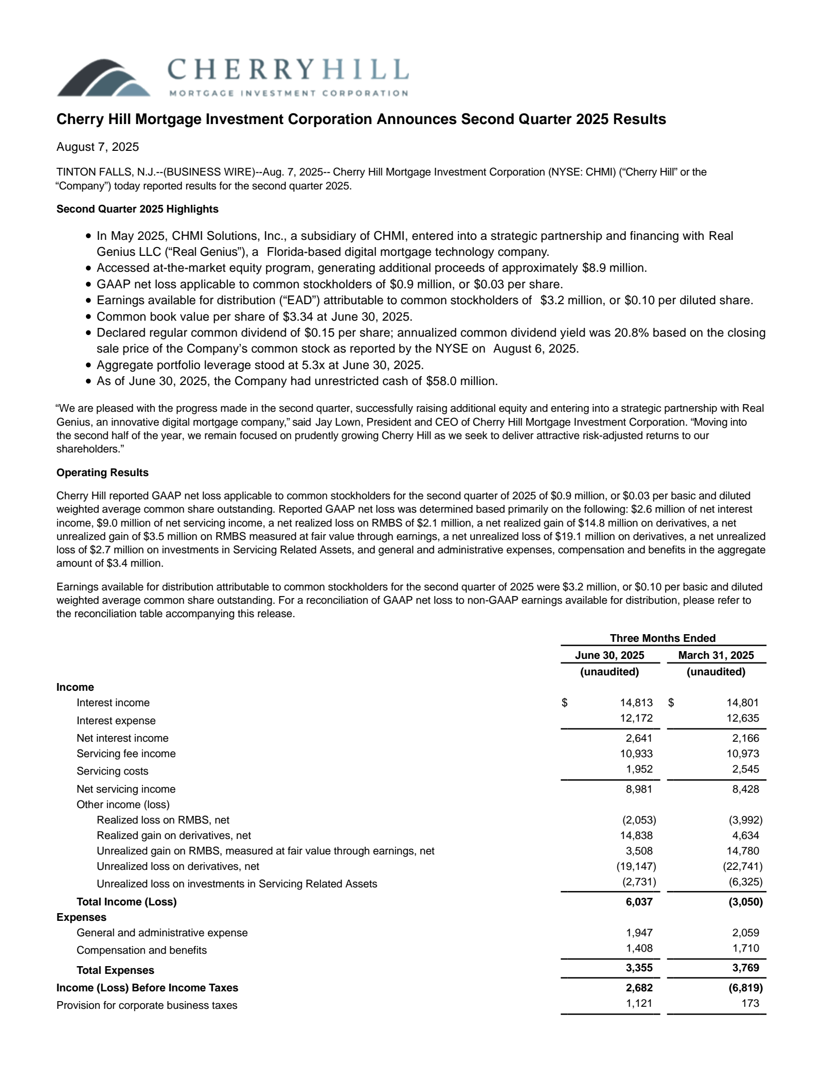 Cherry Hill Mortgage Investment's Q2 2025 Press Release