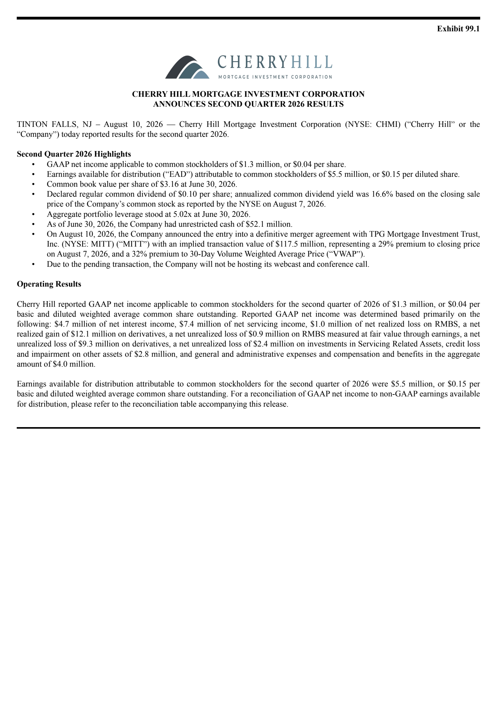 Cherry Hill Mortgage Investment's Q2 2026 Press Release