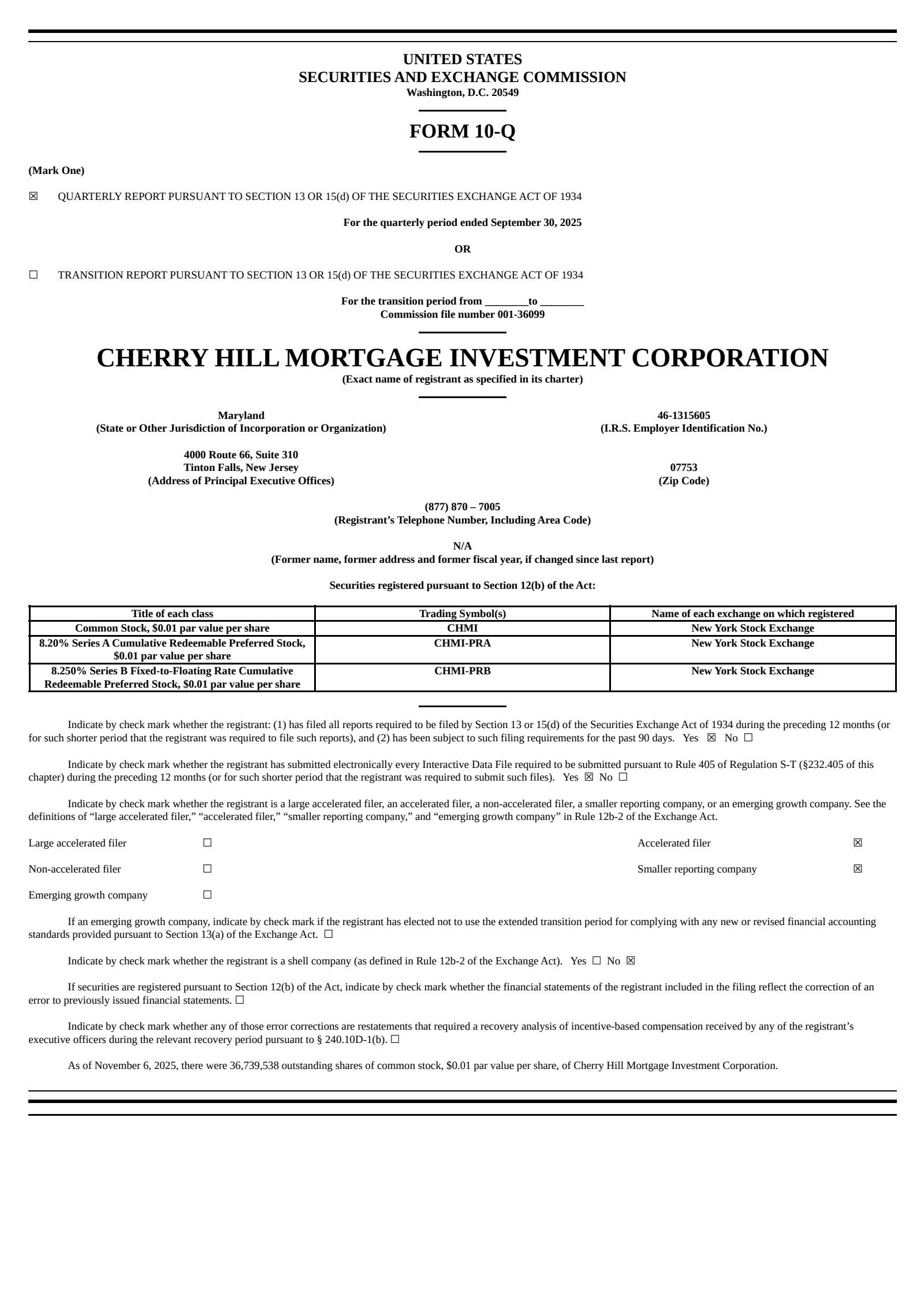Cherry Hill Mortgage Investment's Q3 2025 Quarterly Report