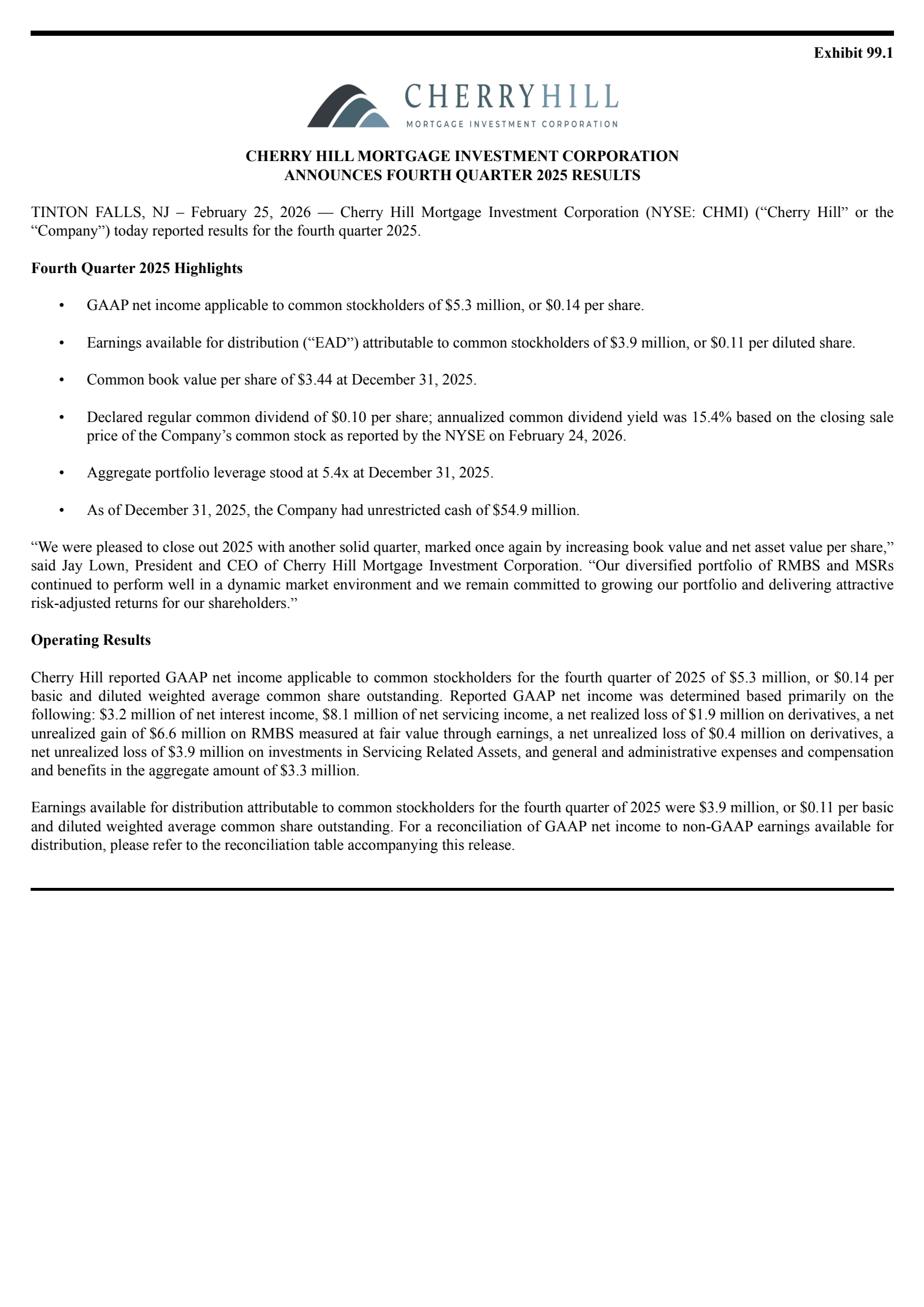 Cherry Hill Mortgage Investment's Q4 2025 Press Release