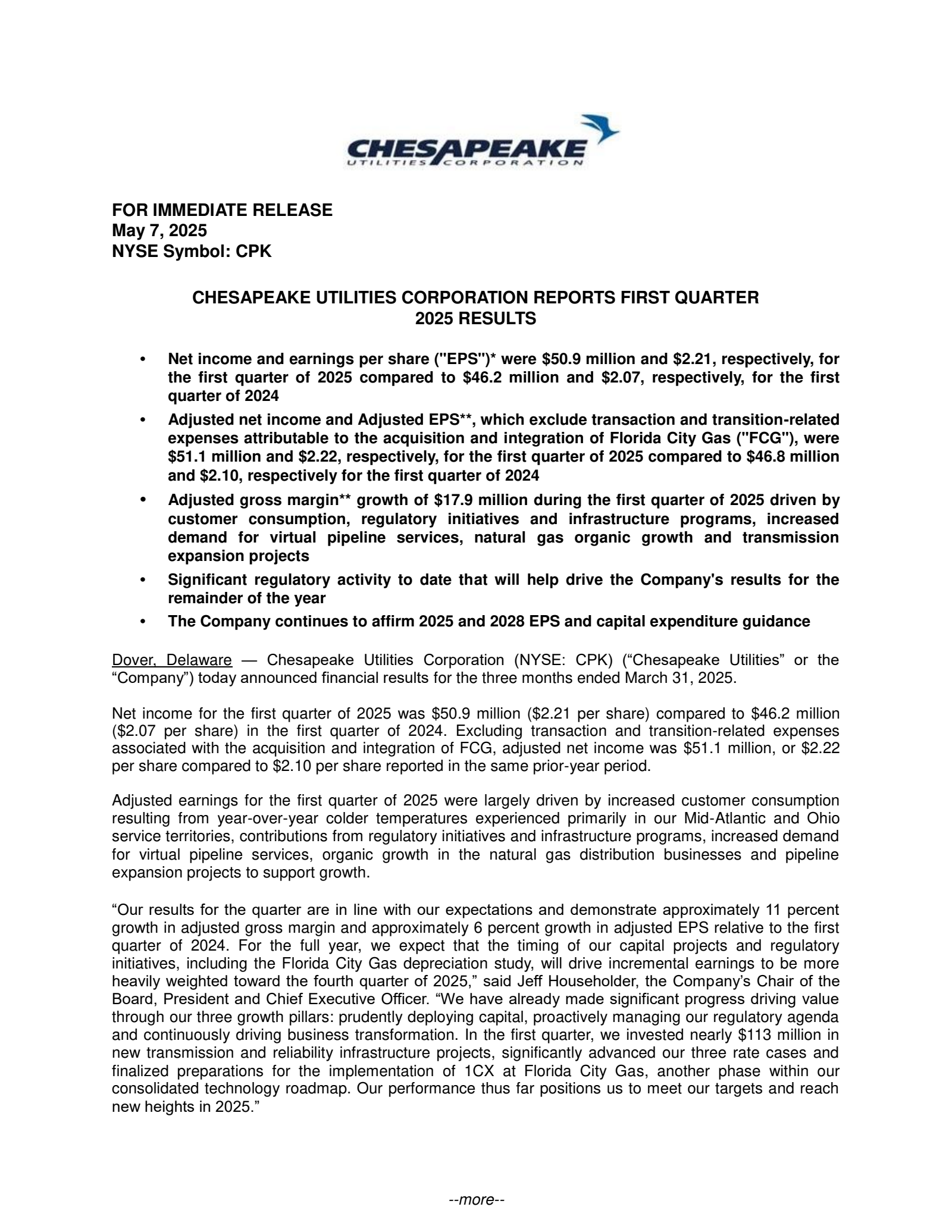 Chesapeake Utilities' Q1 2025 Earnings Release