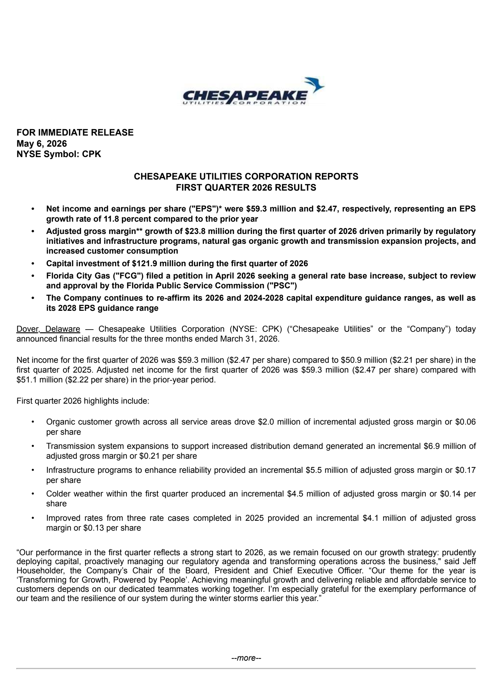 Chesapeake Utilities' Q1 2026 Press Release