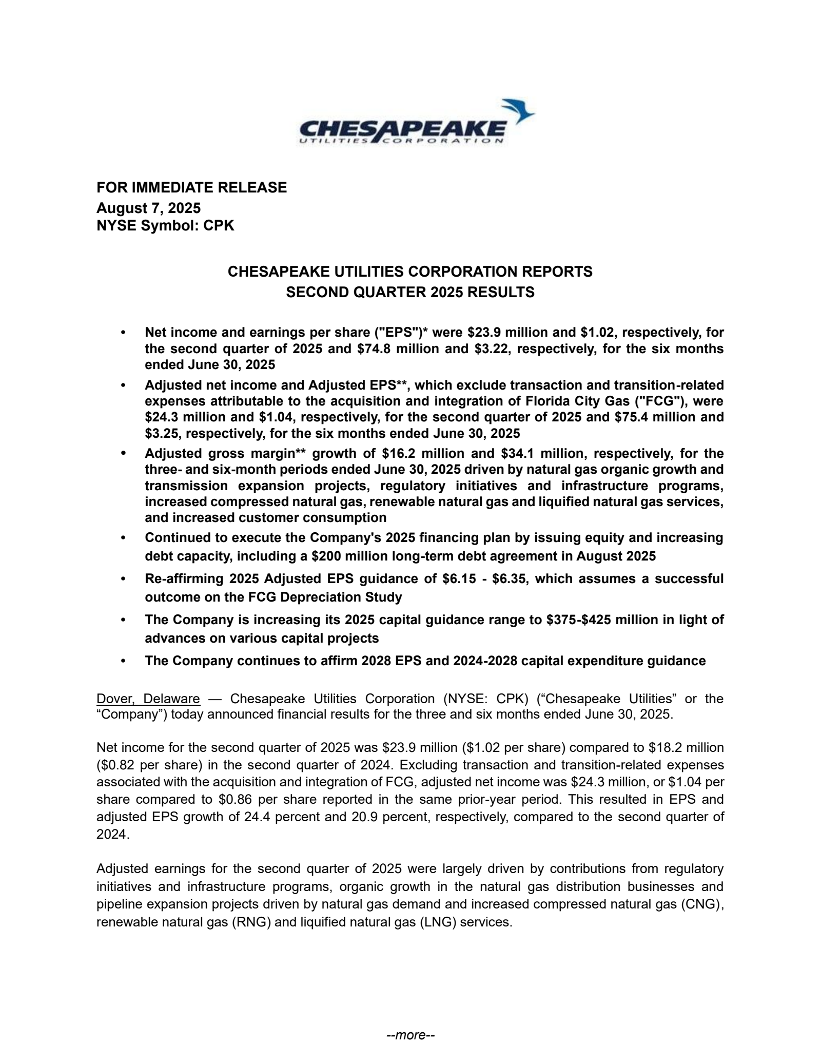 Chesapeake Utilities' Q2 2025 Press Release