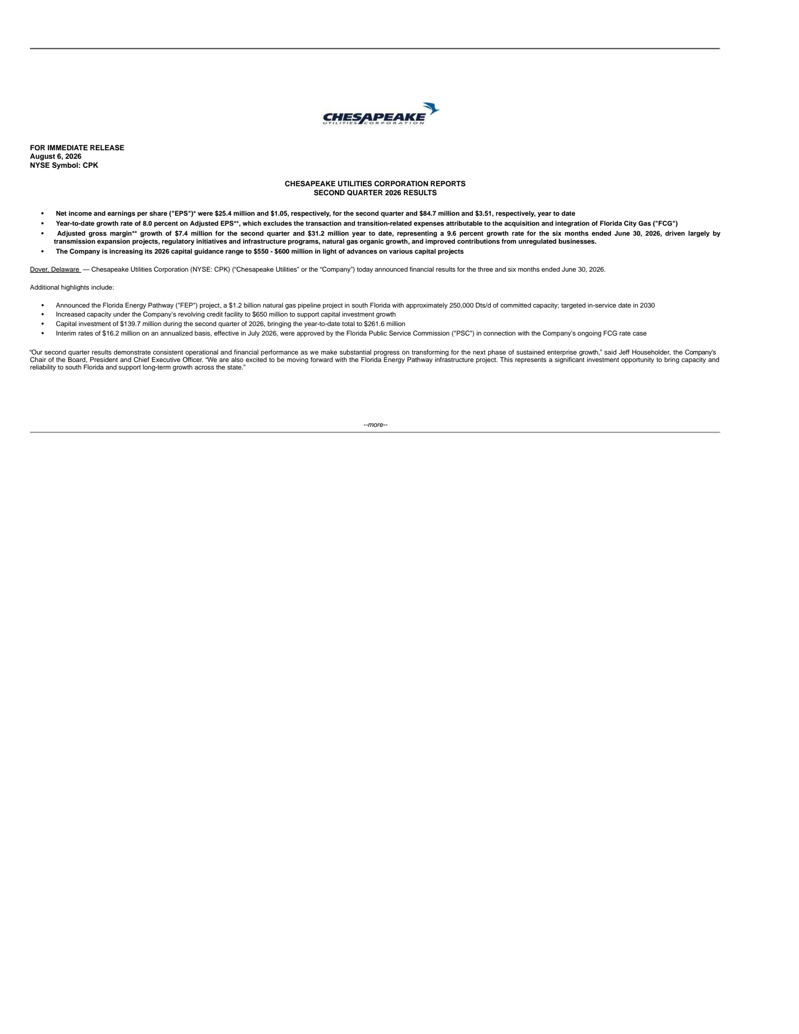 Chesapeake Utilities' Q2 2026 Press Release
