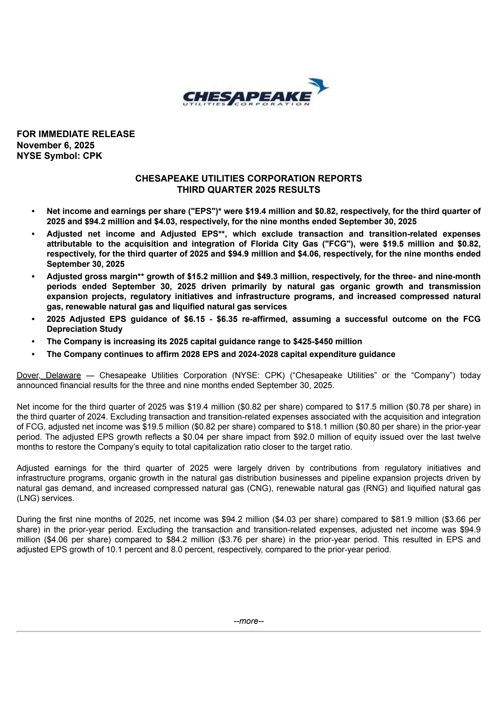 Chesapeake Utilities' Q3 2025 Earnings Release
