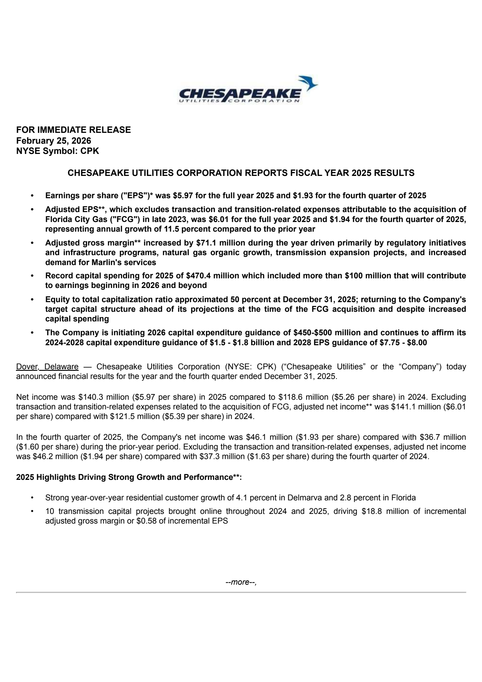 Chesapeake Utilities' Q4 2025 Press Release