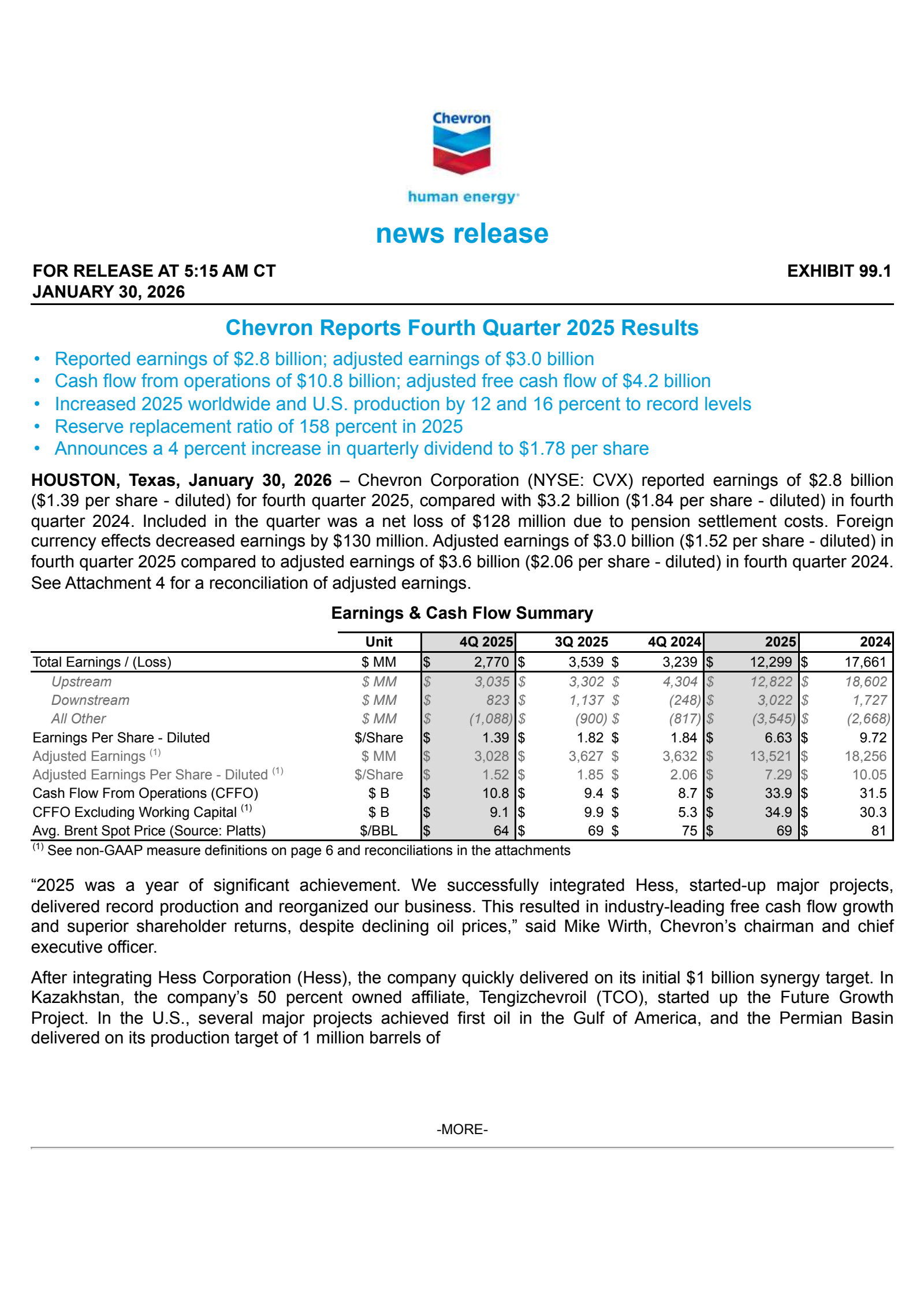 Chevron's Q4 2025 Press Release