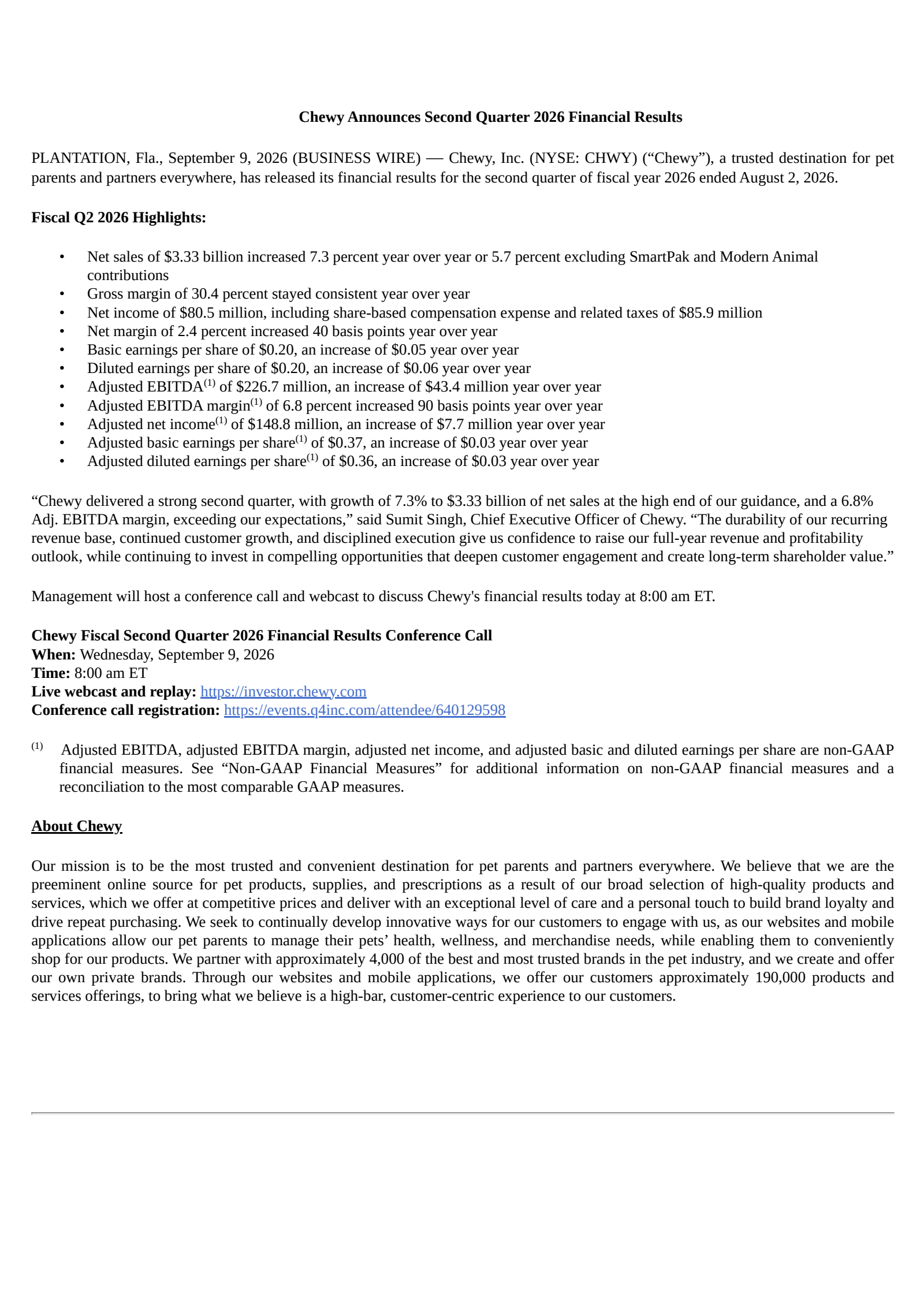 Chewy's Q2 2026 Press Release