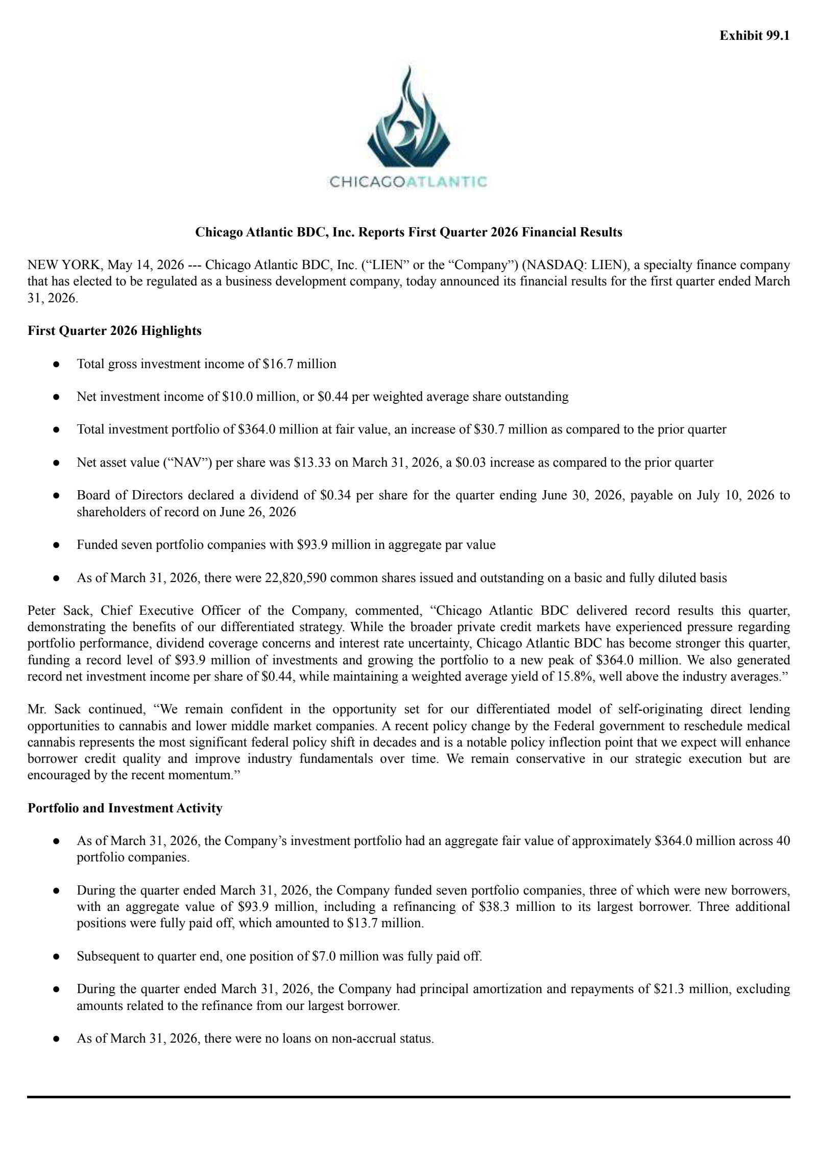 Chicago Atlantic BDC's Q1 2026 Press Release