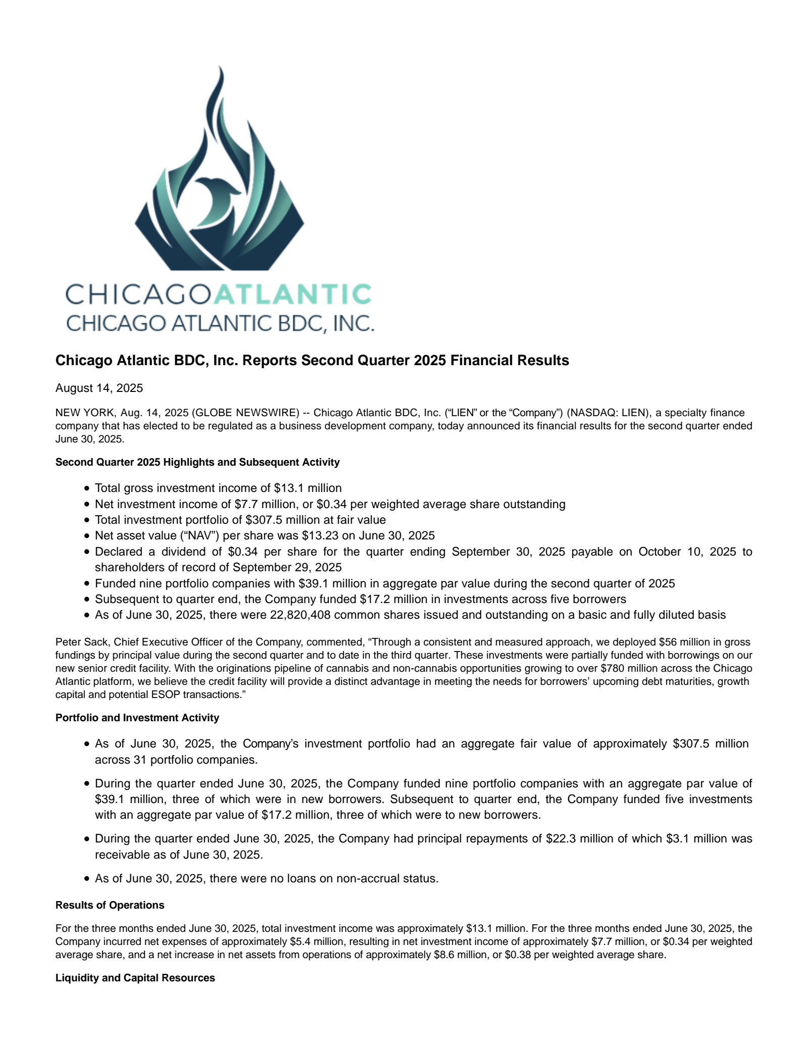 Chicago Atlantic BDC's Q2 2025 Press Release