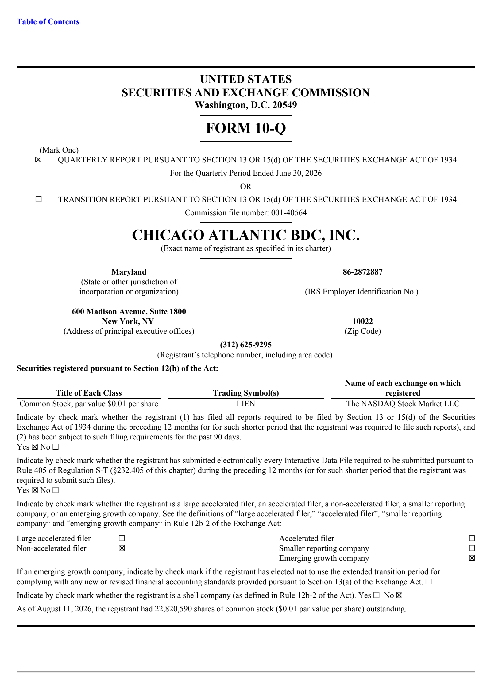 Chicago Atlantic BDC's Q2 2026 Quarterly report